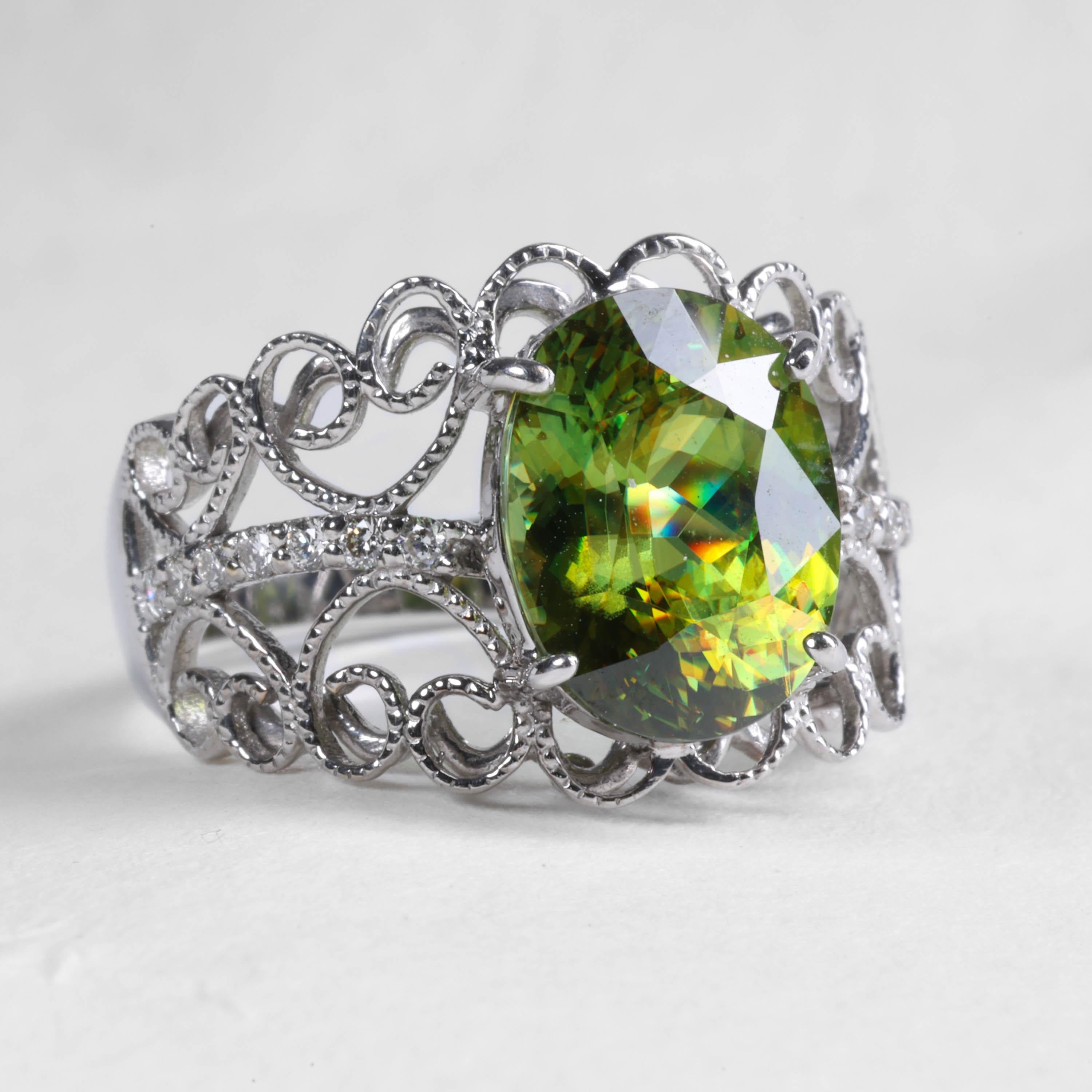 Oval Cut Sphene (Titanite) Exotic Gemstone Ring 4.05 Carats, Flashy & Fragile & Rare For Sale