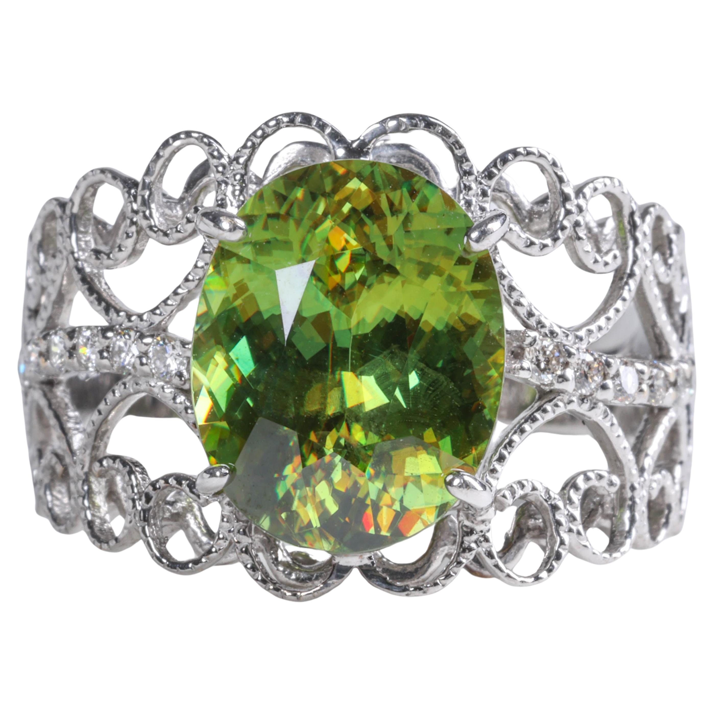 Sphene (Titanite) Exotic Gemstone Ring 4.05 Carats, Flashy & Fragile & Rare For Sale