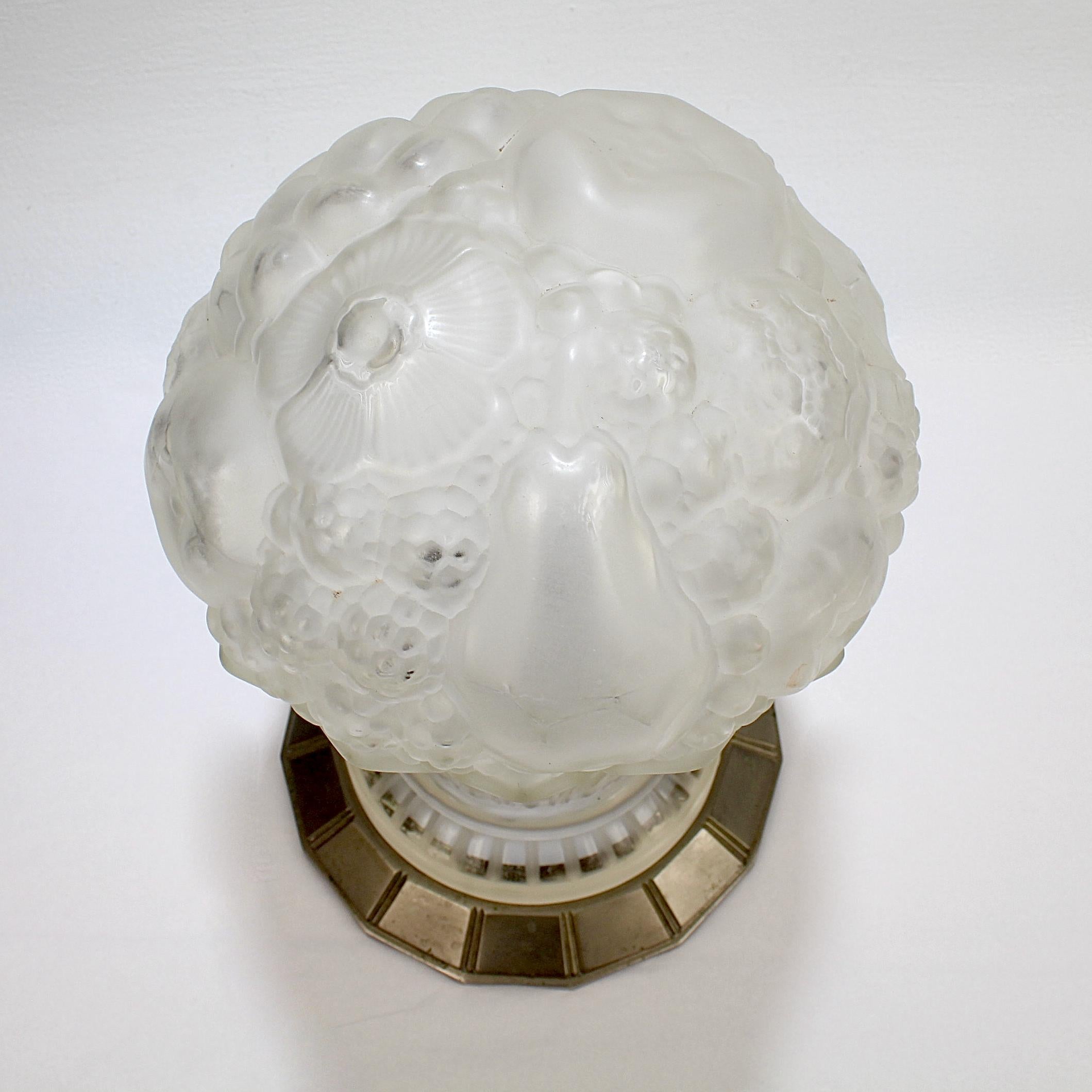 Plated Rare Genet et Michon French Art Deco Frosted Art Glass Table Lamp Shade For Sale