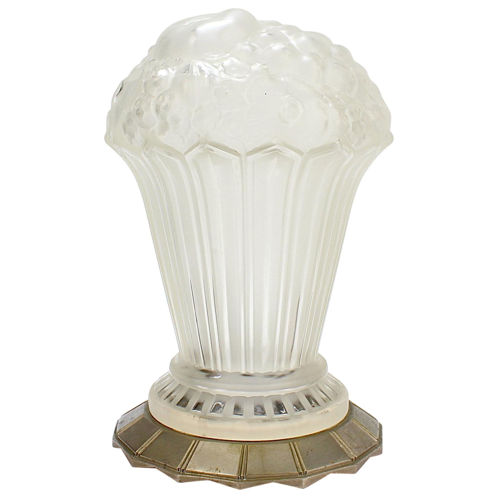 Rare Genet et Michon French Art Deco Frosted Art Glass Table Lamp Shade For Sale