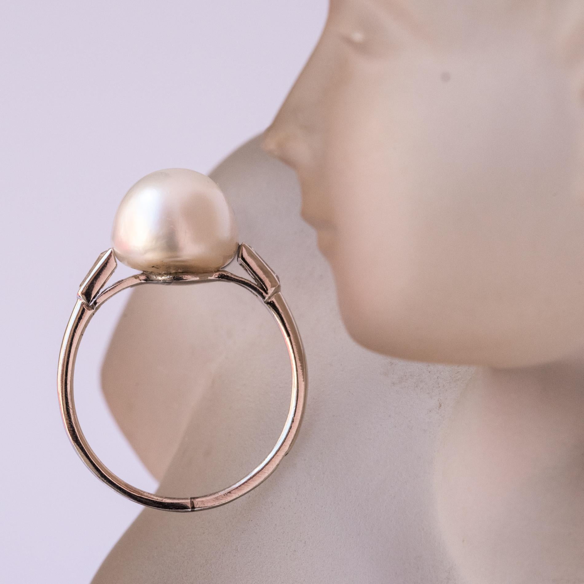 Women's Rare Genuine Fine Pearl Baguette Diamond Platinum Ring 
