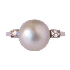 Rare Genuine Fine Pearl Baguette Diamond Platinum Ring 