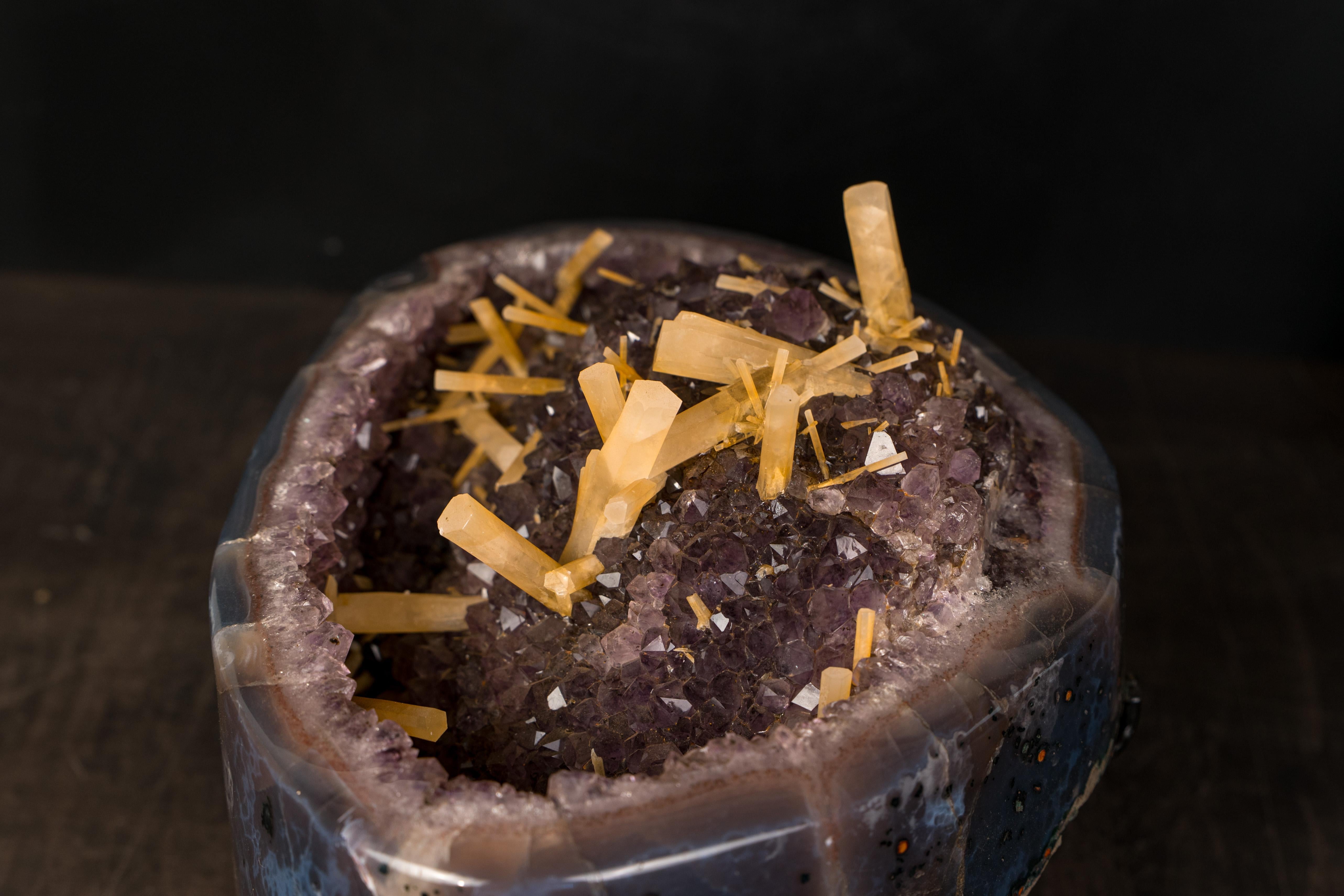 Brazilian Rare Geode Cluster with Honey Columnar Calcite For Sale