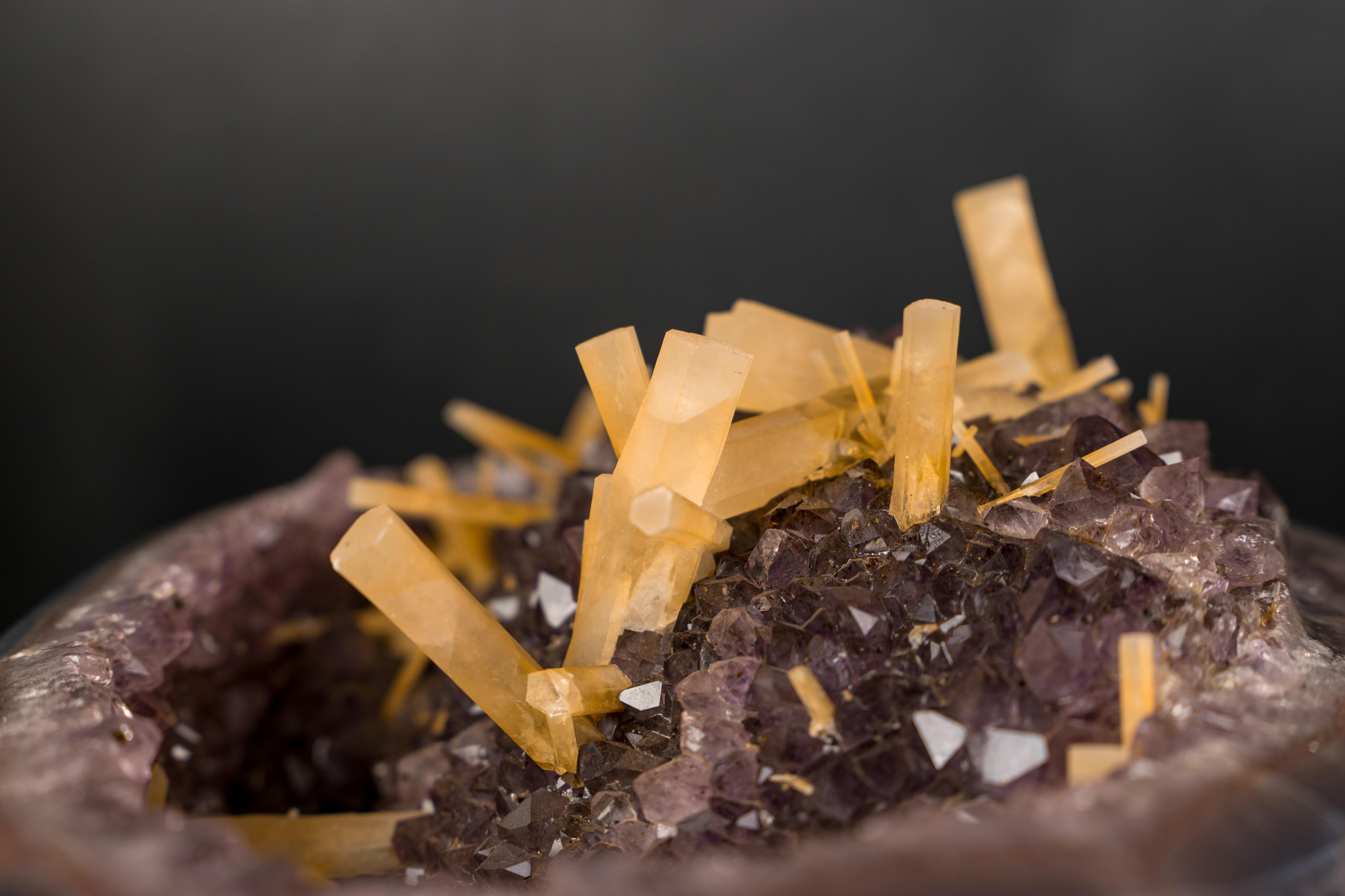 Crystal Rare Geode Cluster with Honey Columnar Calcite For Sale