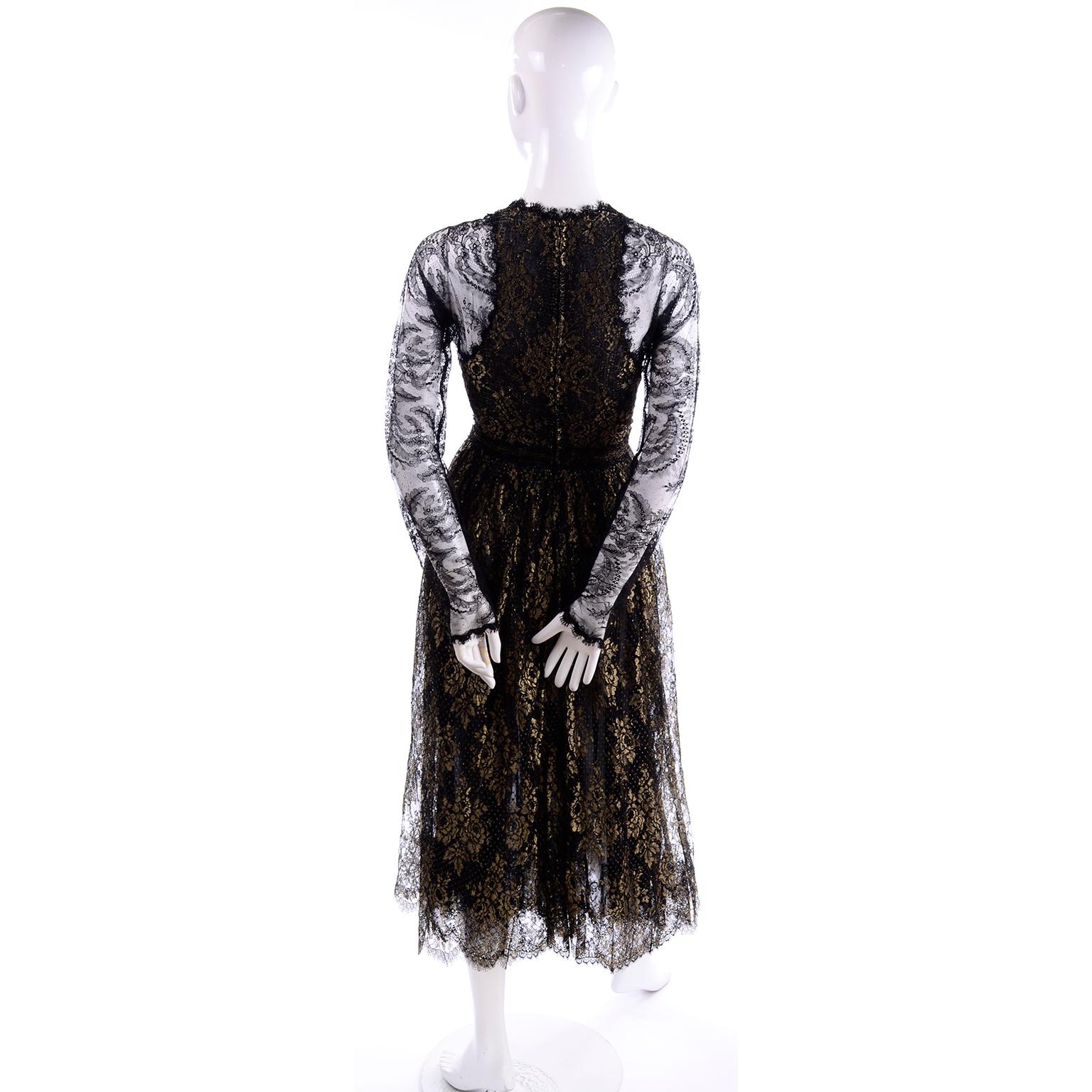 Rare Geoffrey Beene Vintage Gold Metallic & Black Lace Evening Dress In Excellent Condition In Portland, OR