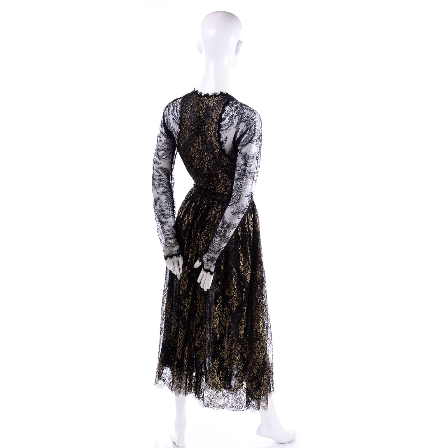 Women's Rare Geoffrey Beene Vintage Gold Metallic & Black Lace Evening Dress