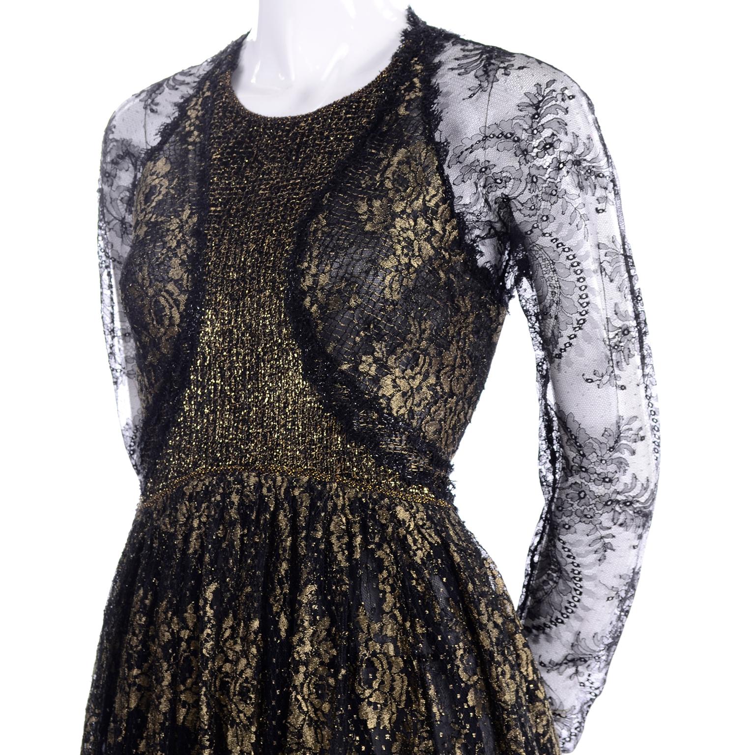 Rare Geoffrey Beene Vintage Gold Metallic & Black Lace Evening Dress 1