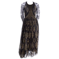 Rare Geoffrey Beene Vintage Gold Metallic & Black Lace Evening Dress