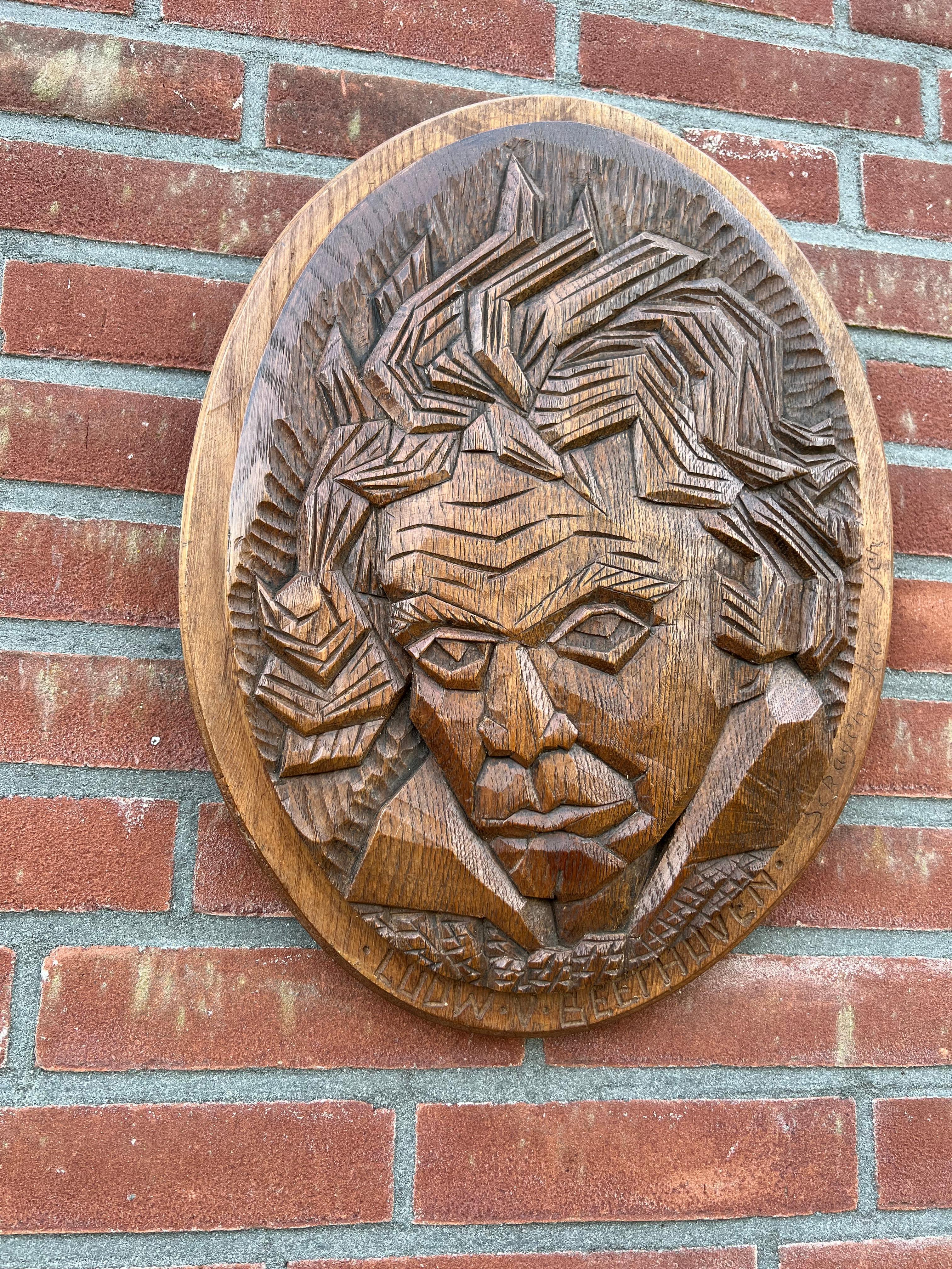 Antique and uniquely hand carved work of art, in deep relief.

Anyone who is capable of creating such a unique, geometric and expressive face of Ludwig van Beethoven out of an oakwooden plaque and of this size, in our view, is a true artist. The