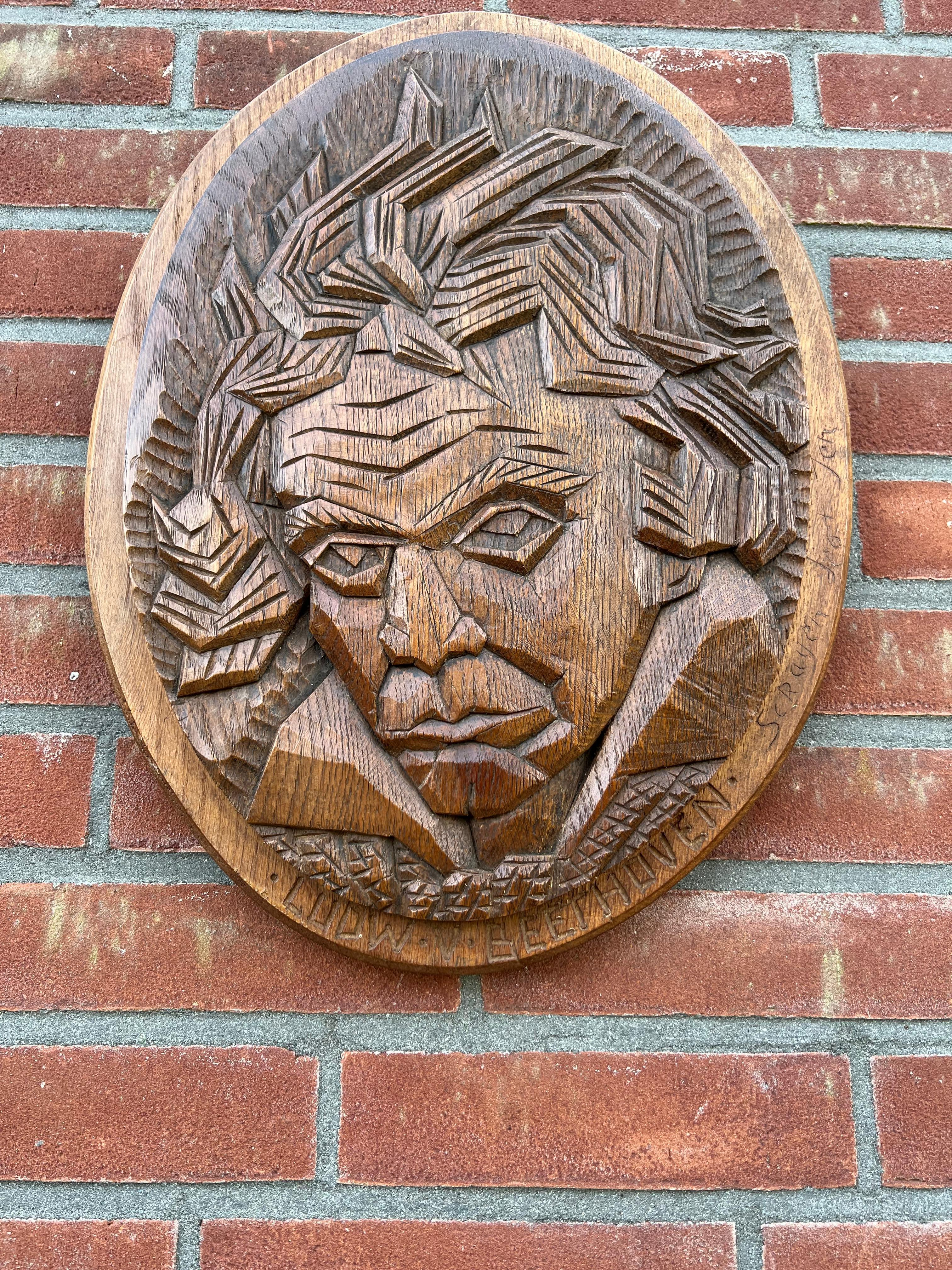 Hand-Crafted Rare Geometric Art, Hand Carved Oak Ludwig van Beethoven Mask Medallion / Plaque For Sale