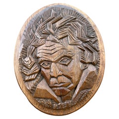Rare Geometric Art, Hand Carved Oak Ludwig van Beethoven Mask Medallion / Plaque