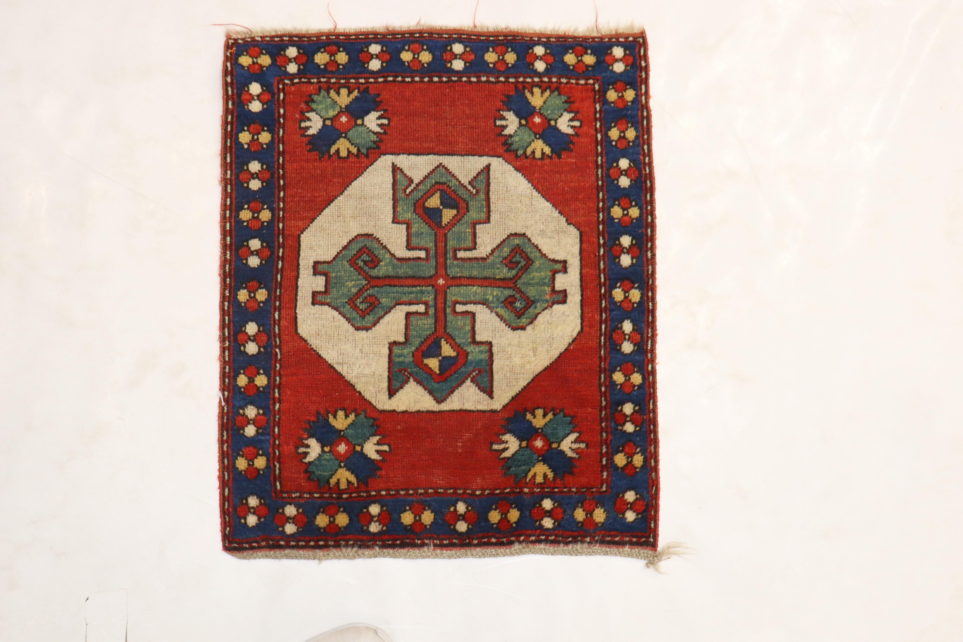 Caucasian Rare Geometric Kazak Mini Size Square Rug, Early 20th Century