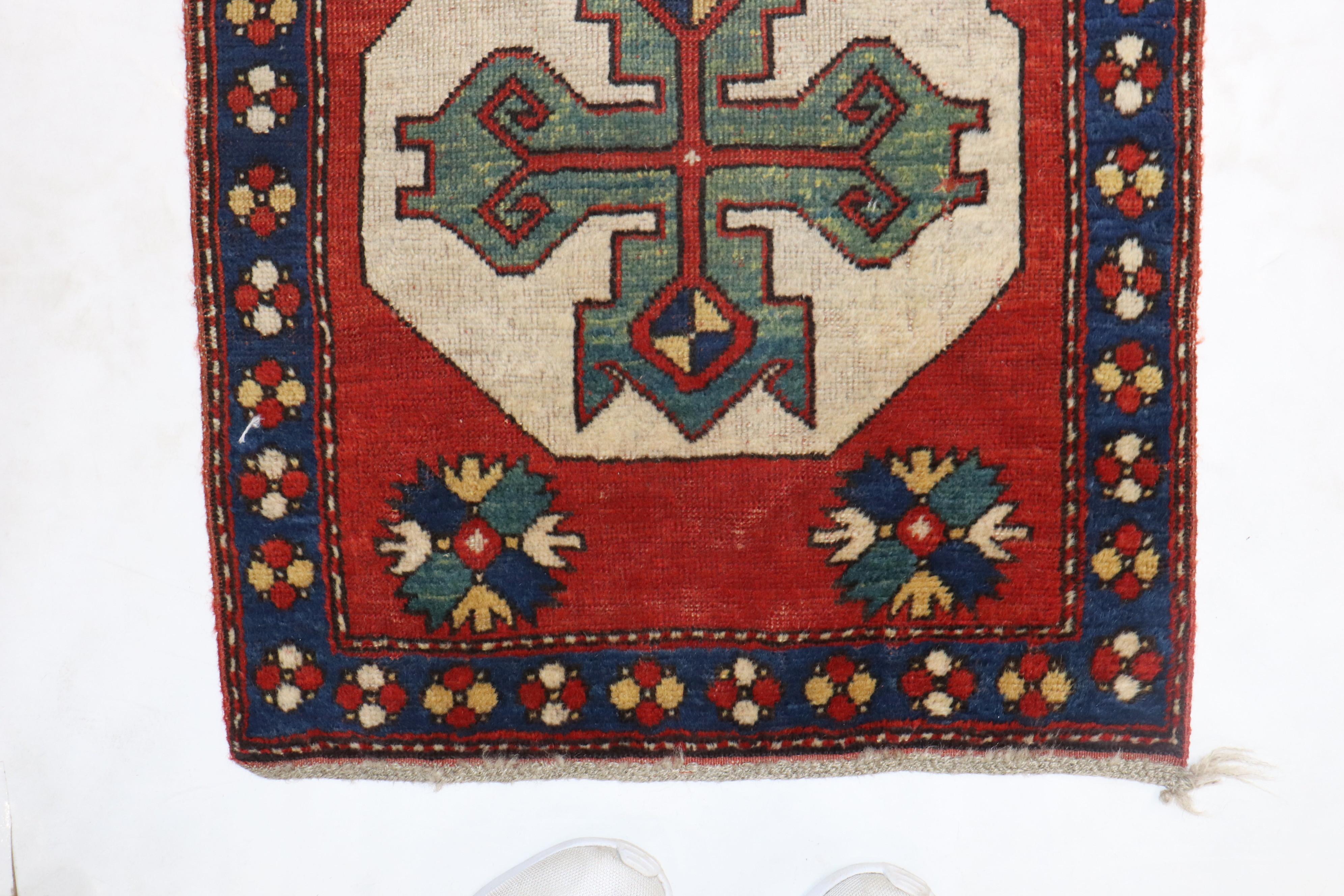 Hand-Woven Rare Geometric Kazak Mini Size Square Rug, Early 20th Century