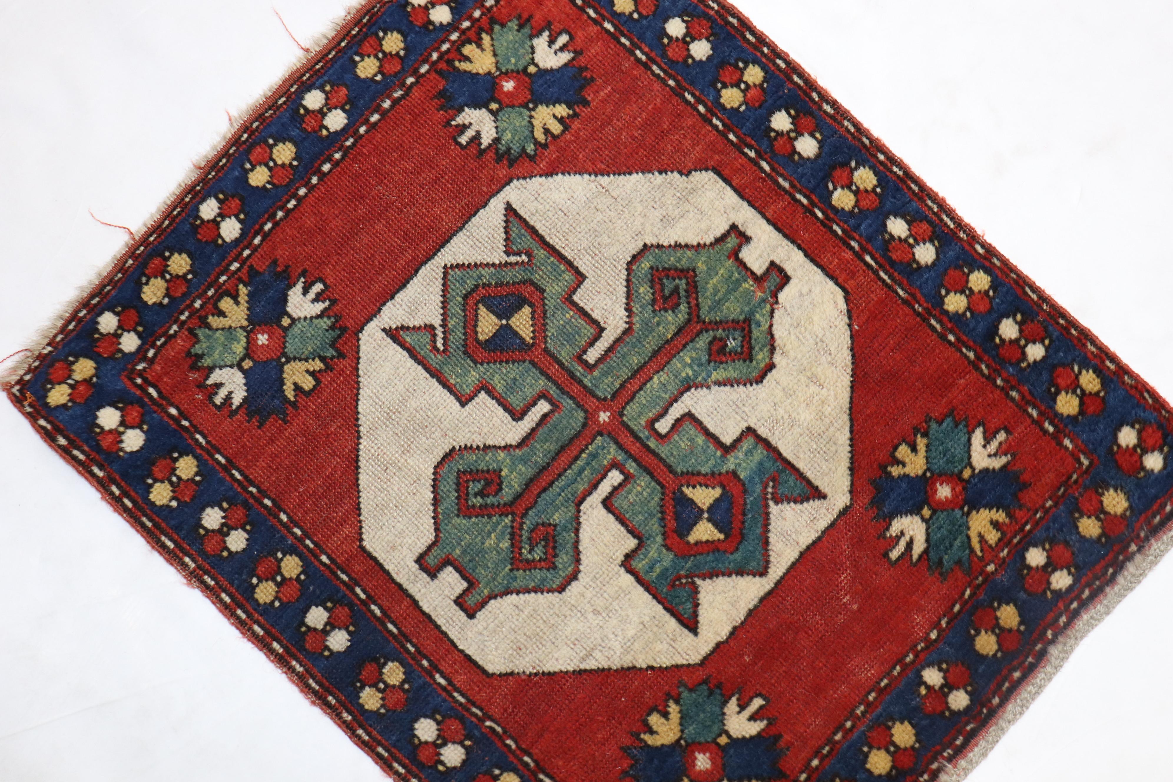 Wool Rare Geometric Kazak Mini Size Square Rug, Early 20th Century