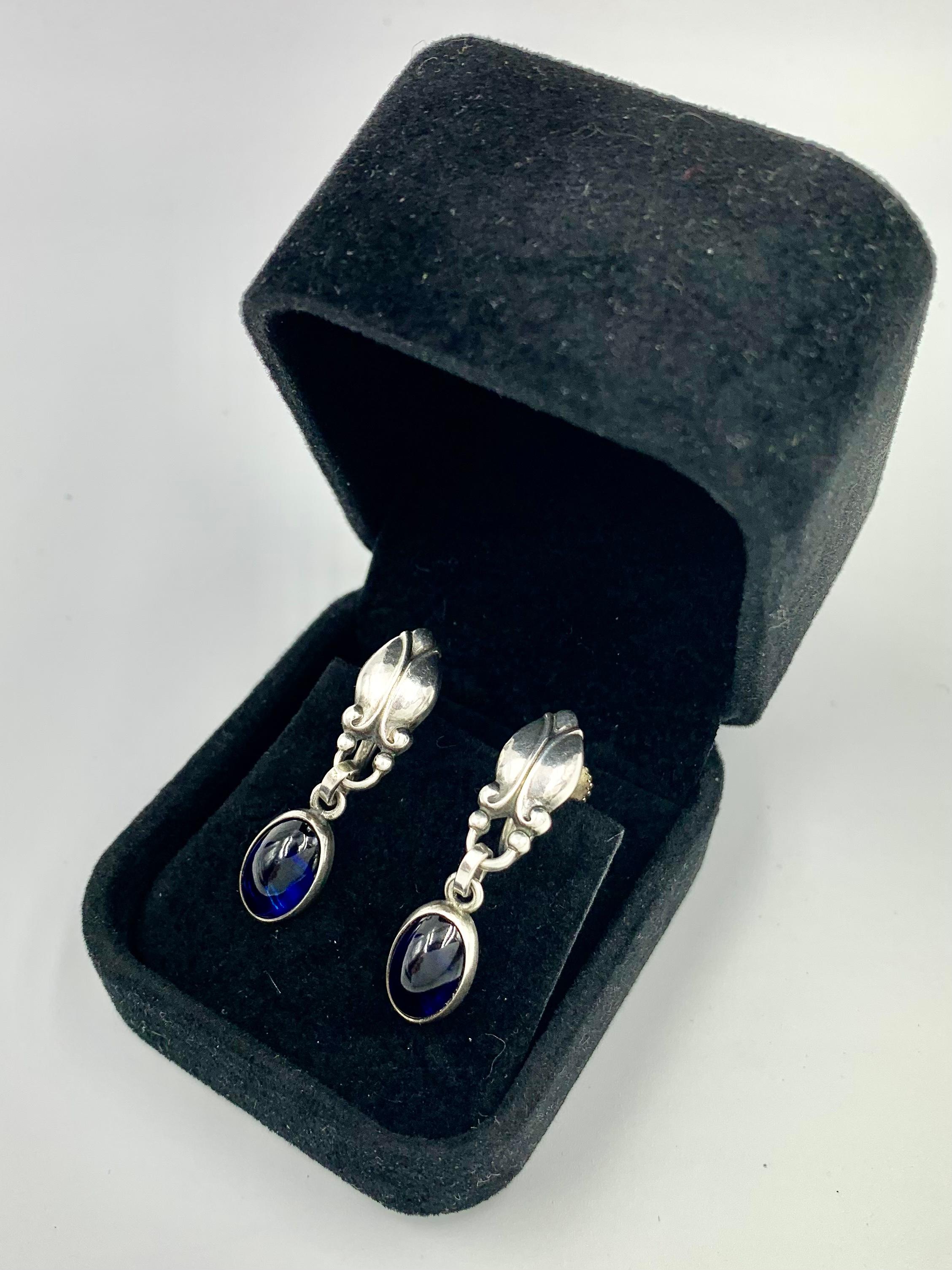 Rare Georg Jensen Cabochon Sapphire Sterling Silver Moonlight Blossom Earrings For Sale 3