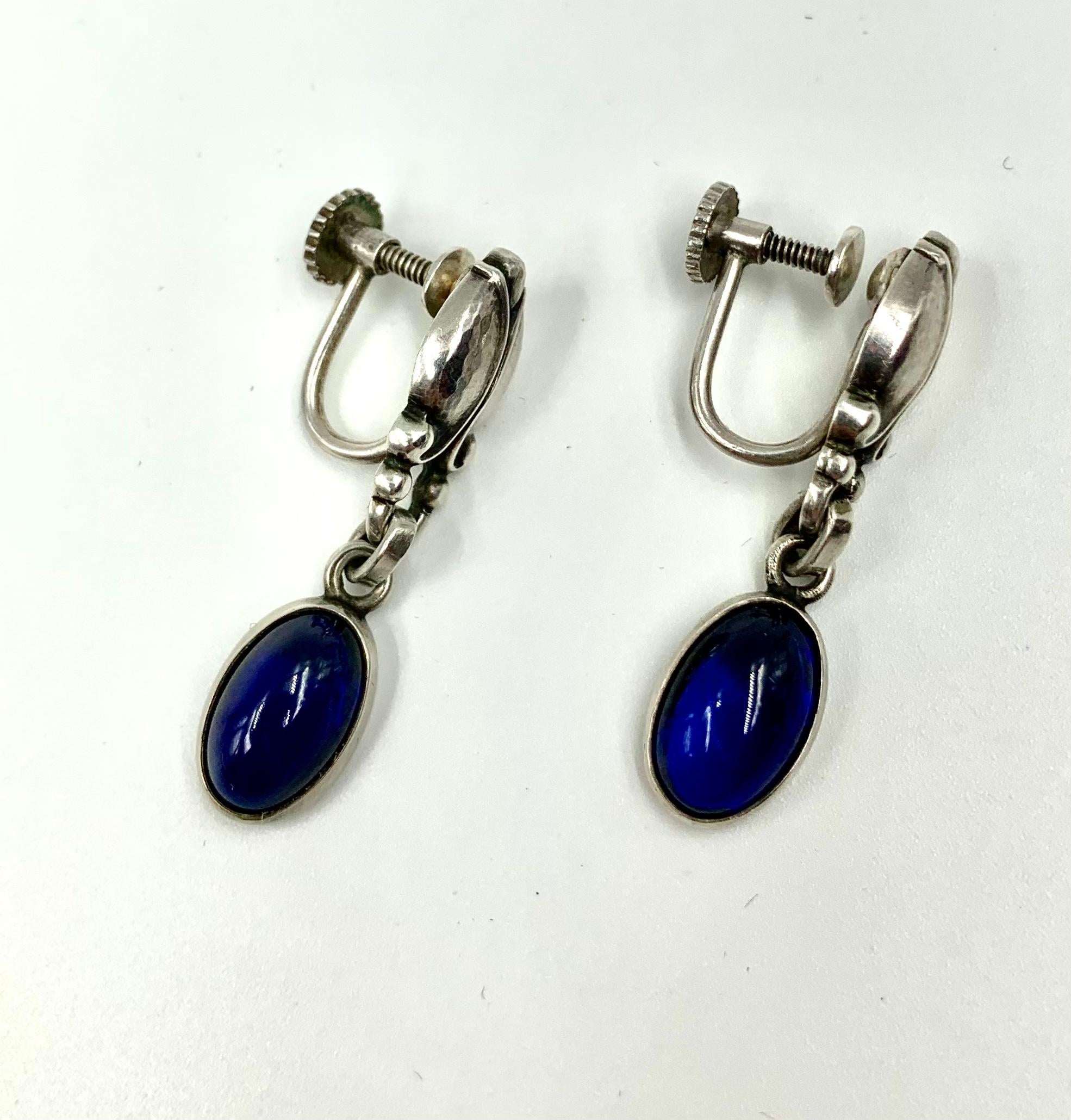 Women's or Men's Rare Georg Jensen Cabochon Sapphire Sterling Silver Moonlight Blossom Earrings For Sale