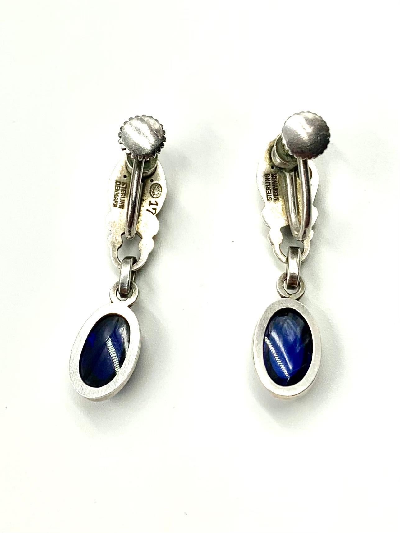 Rare Georg Jensen Cabochon Sapphire Sterling Silver Moonlight Blossom Earrings For Sale 1
