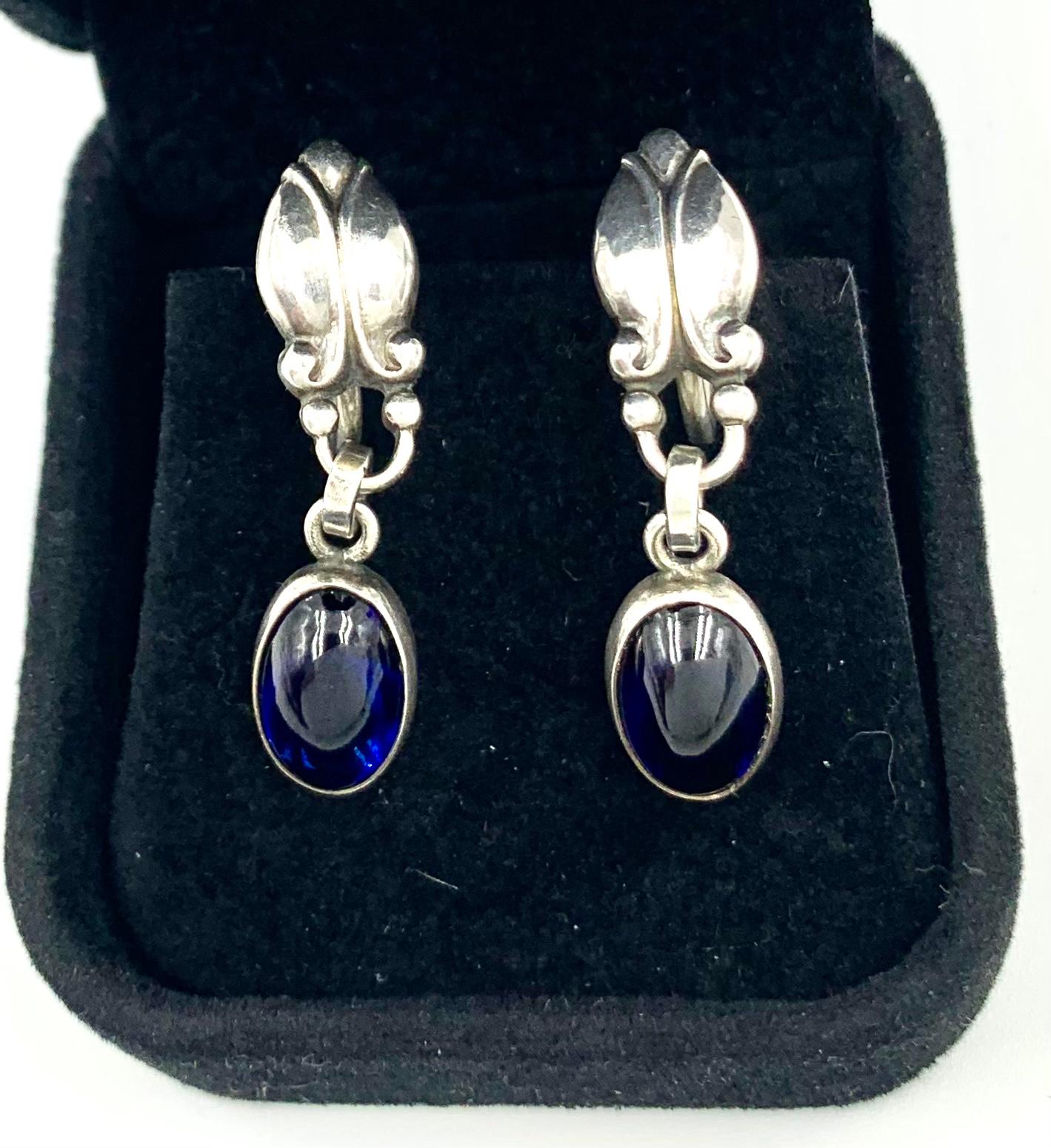 Rare Georg Jensen Cabochon Sapphire Sterling Silver Moonlight Blossom Earrings For Sale 2