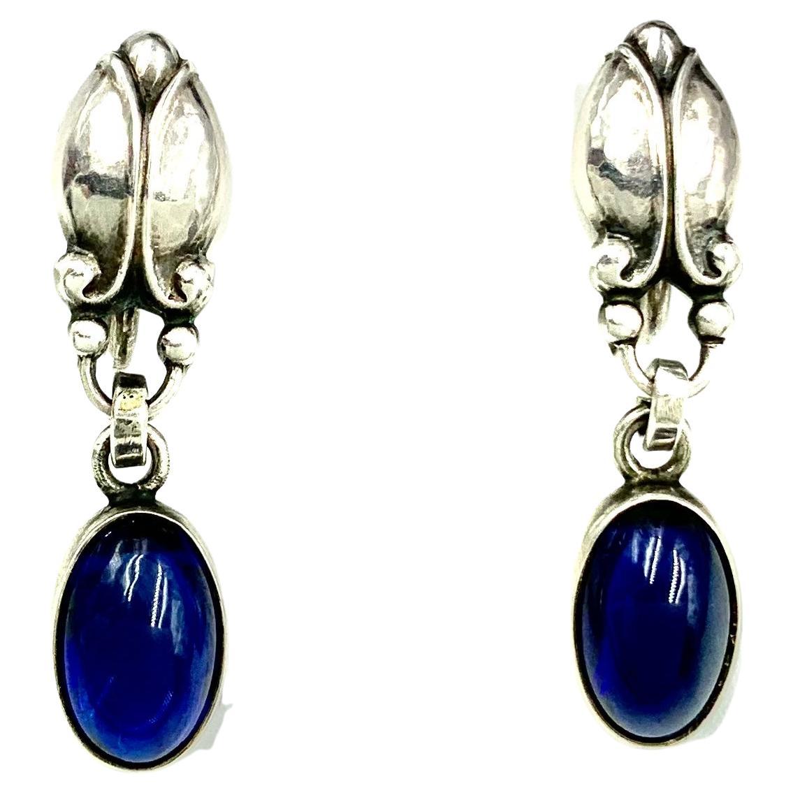 Rare Georg Jensen Cabochon Sapphire Sterling Silver Moonlight Blossom Earrings For Sale
