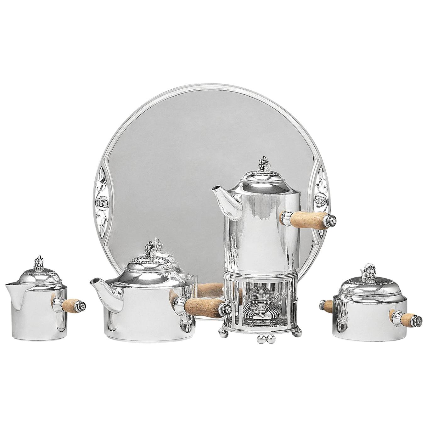 Rare Georg Jensen Paris Coffee and Tea Service with Burner and Tray 483