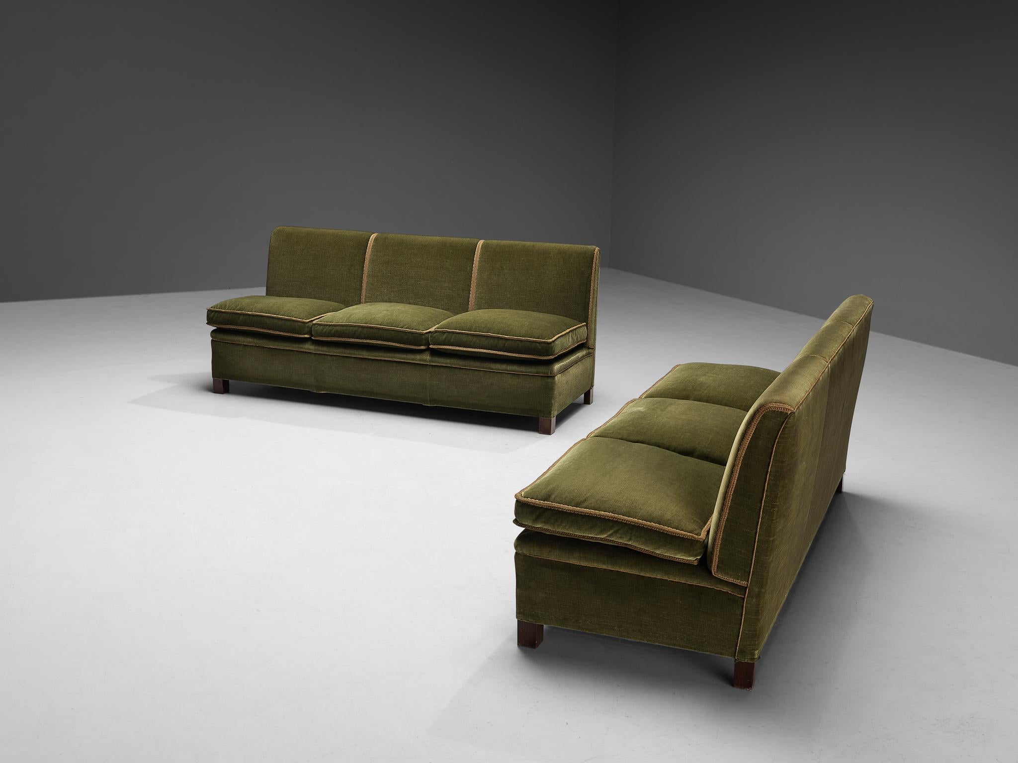 Stained Rare Georg Kofoed Pair of Sofas in Olive Green Velvet