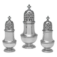 Rare George II Suite of 3 Antique Sterling Silver Casters - Samuel Welder 1728