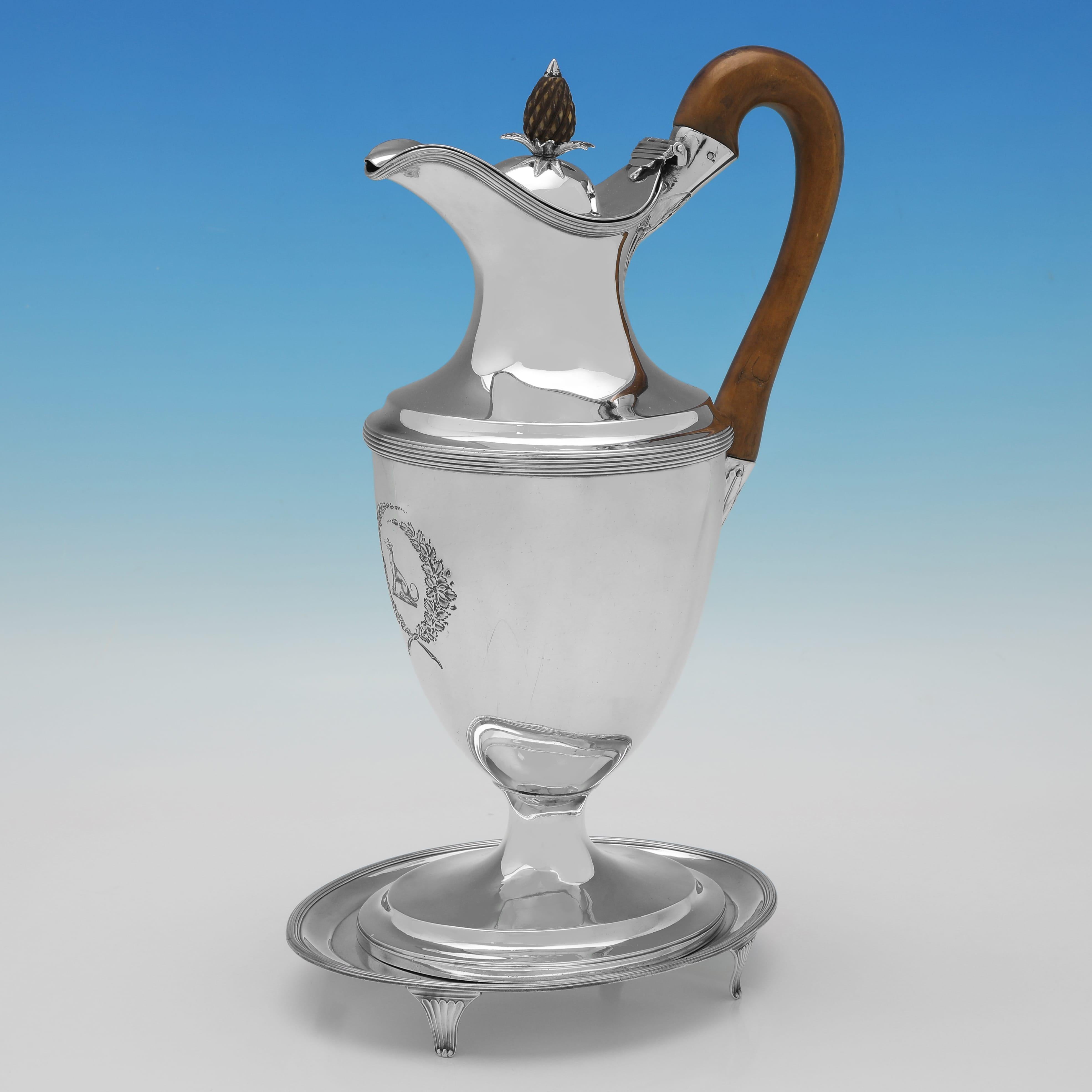 Hallmarked in London in 1795 by Crispin Fuller, this very handsome, George III period, Antique Sterling Silver Tea Set, comprises 7 pieces, with a coffee pot and teapot, cream jug and sugar basket, and a large serving salver with 2 smaller salvers