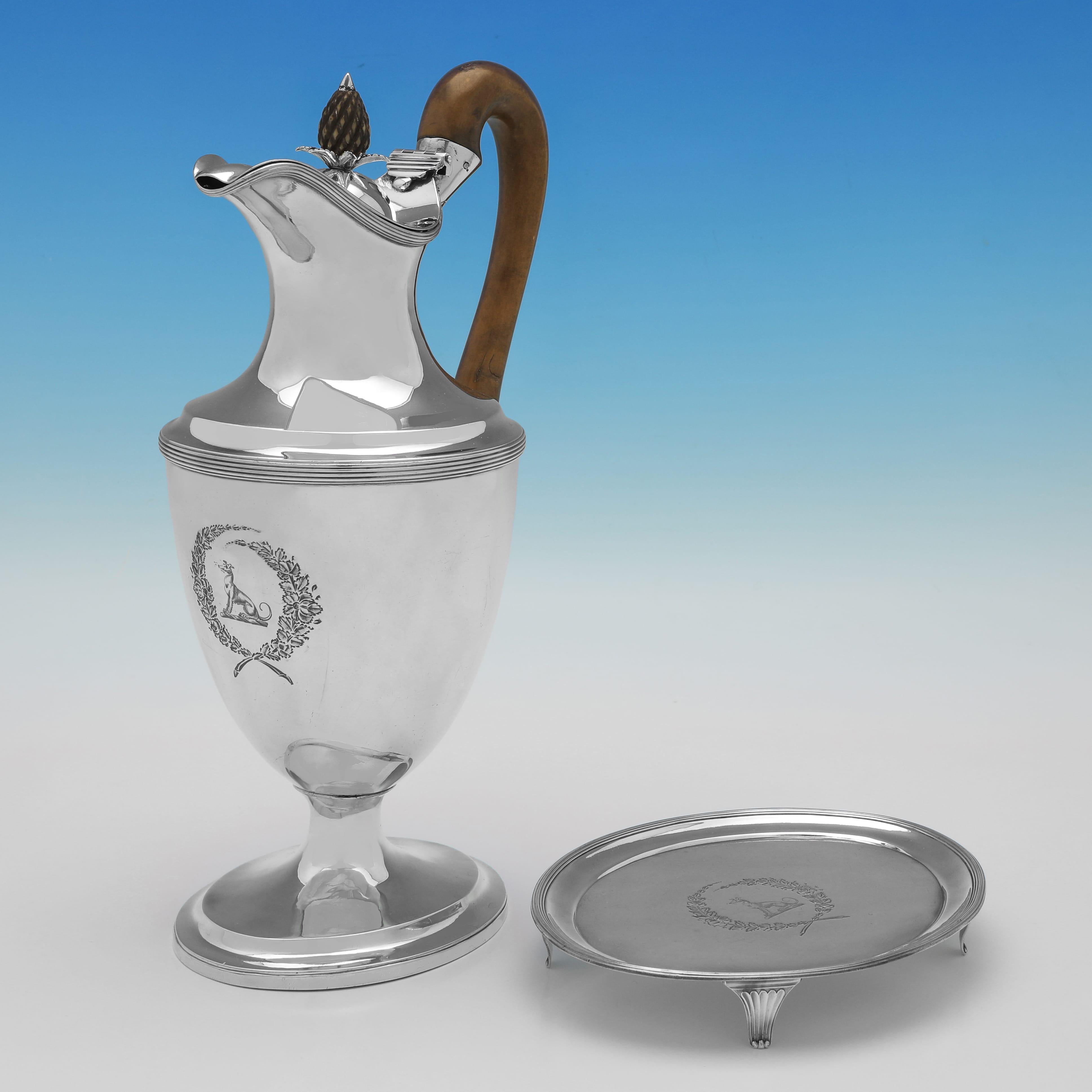Neoclassical Rare George III period silver tea & coffee set on tray made in London 1795