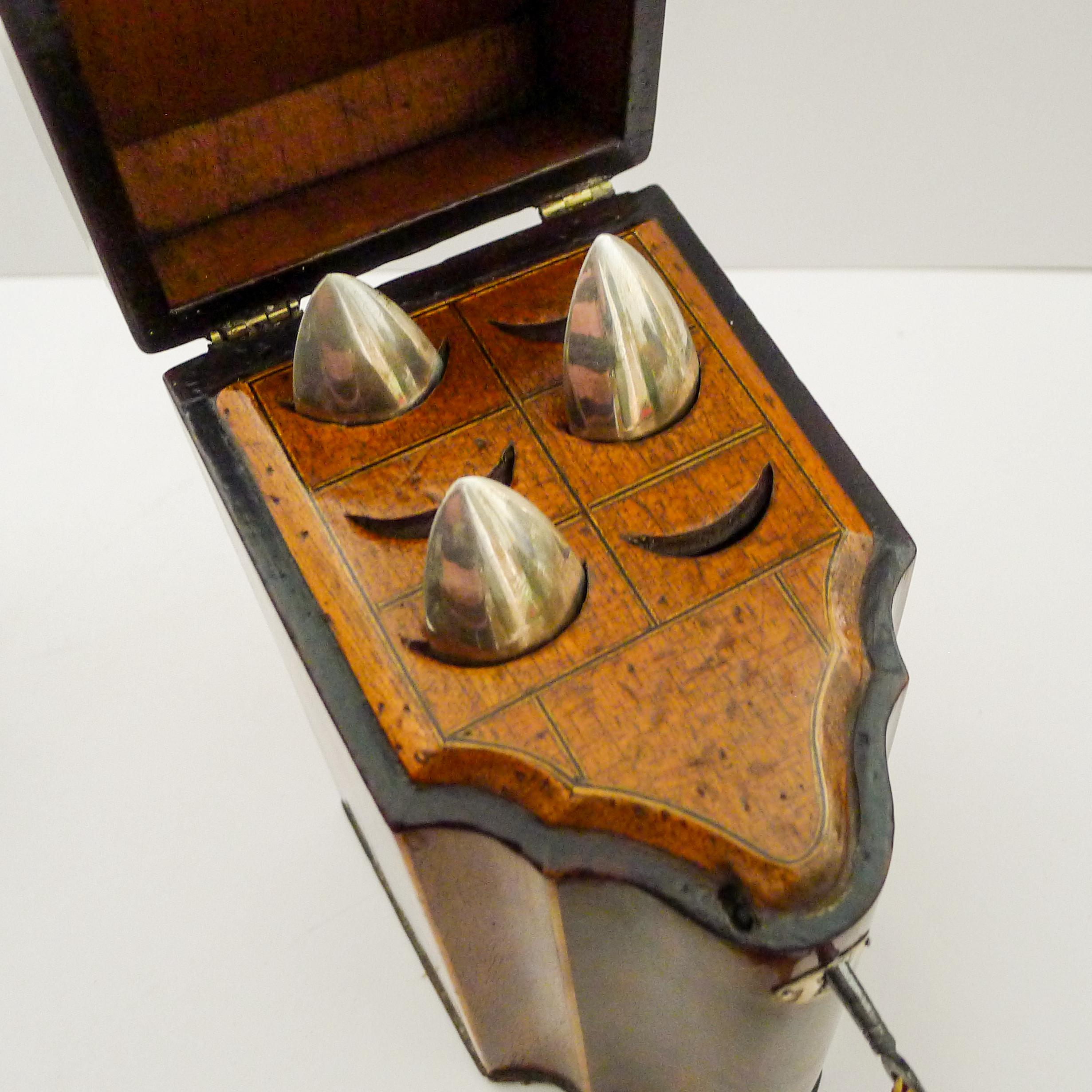 In many, many years of dealing in antique boxes, I have never come across a Sheraton spoon box such as this.

Similar to larger Knife Boxes, this is the same shape but in a smaller scale and the interior fitted purely for teaspoons.

Veneered in