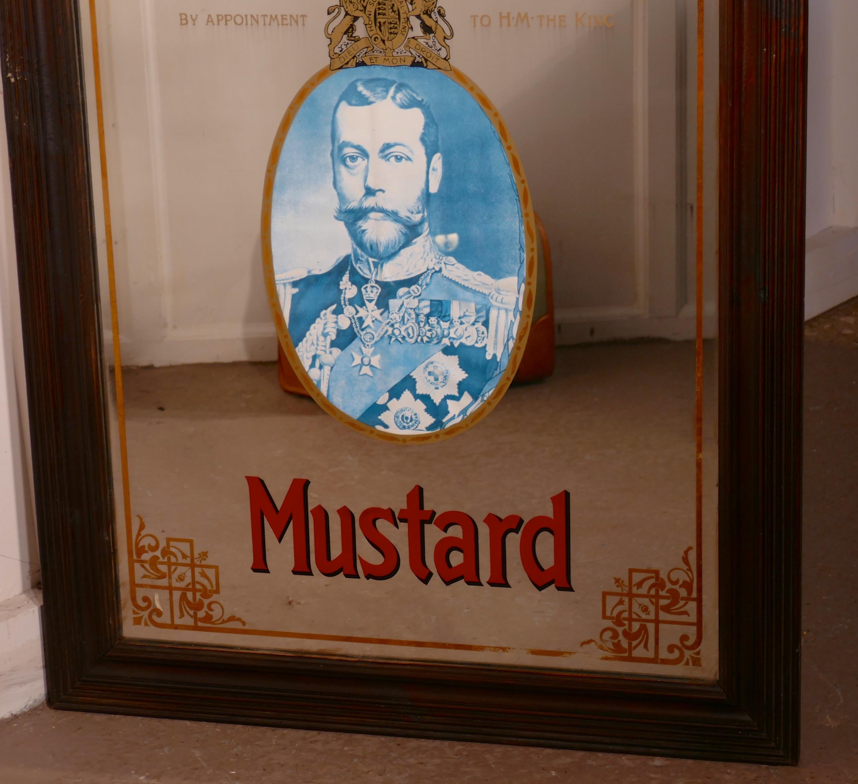A rare George V Colemans Mustard advertising mirror, shop display.

Colemans Mustard has always been a favourite with the Royal Family, in this one we even have a portrait of the king in the centre of the Royal Warrant 
The mirror has an etched