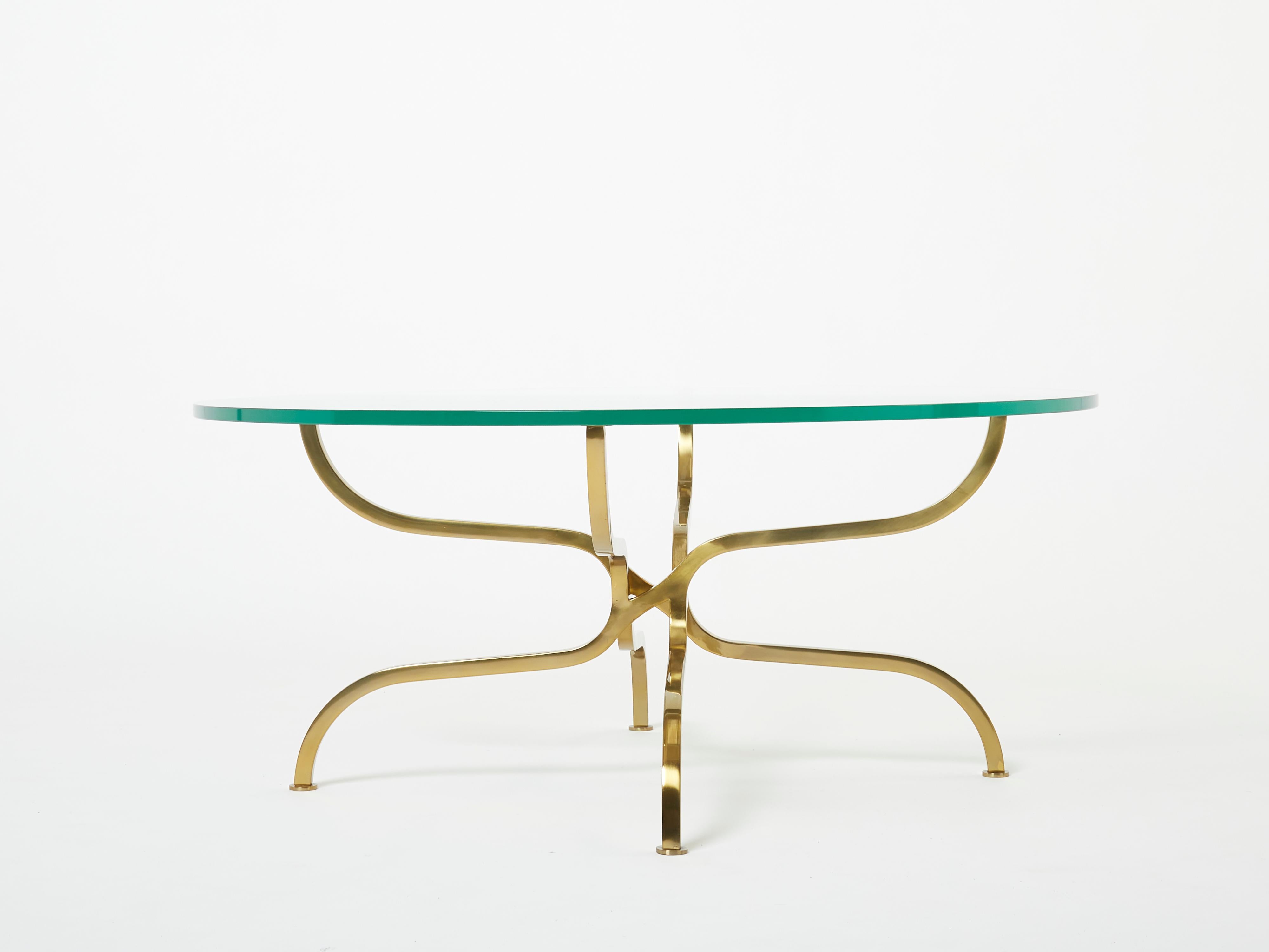 Mid-Century Modern Rare Georges Geffroy Gilt Brass Glass Coffee Table 1960s For Sale