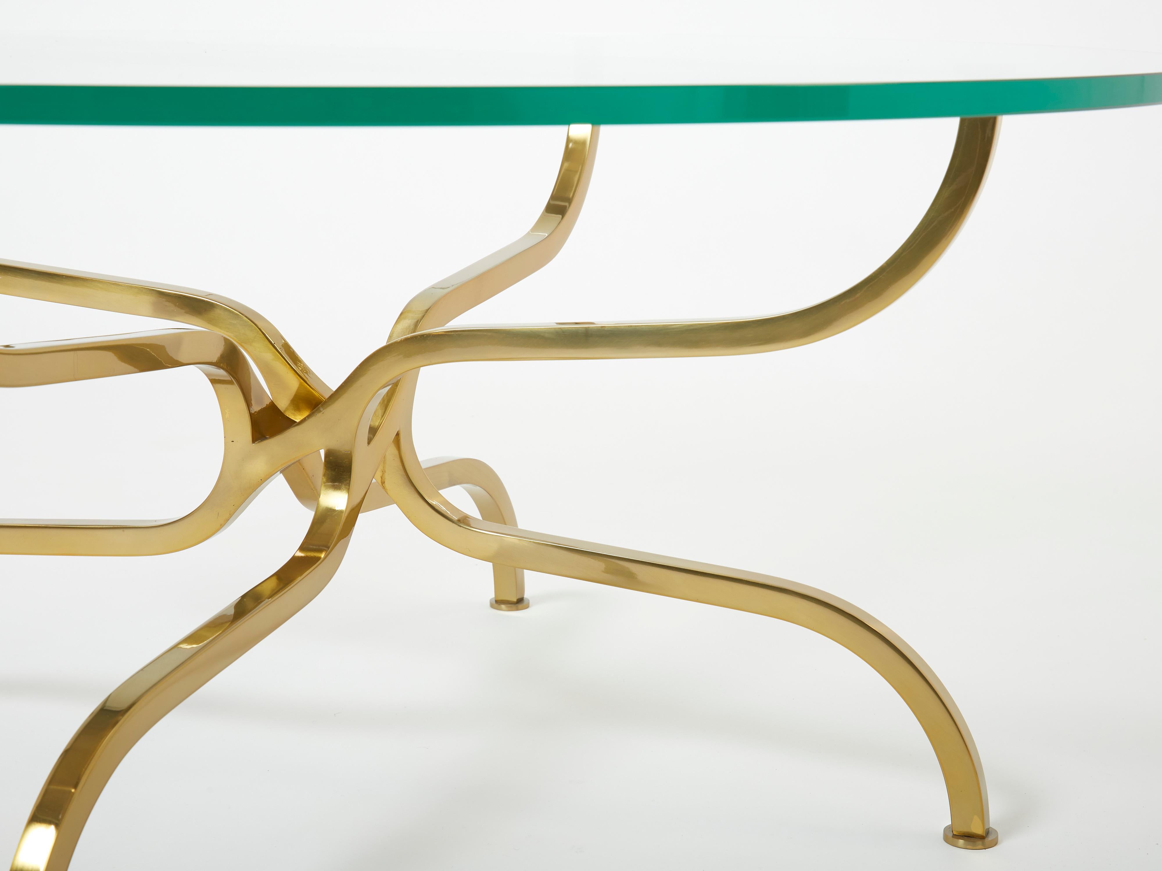 Rare Georges Geffroy Gilt Brass Glass Coffee Table 1960s In Good Condition For Sale In Paris, IDF