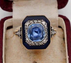 Rare Georgian 4.90 Carat Natural No Heat Sapphire Diamond Bristol Glass Ring