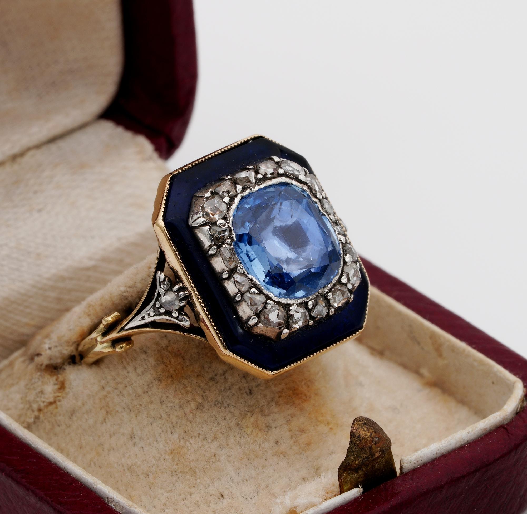 Rare Georgian 4.90 Carat Natural No Heat Sapphire Diamond Bristol Glass Ring In Fair Condition In Napoli, IT