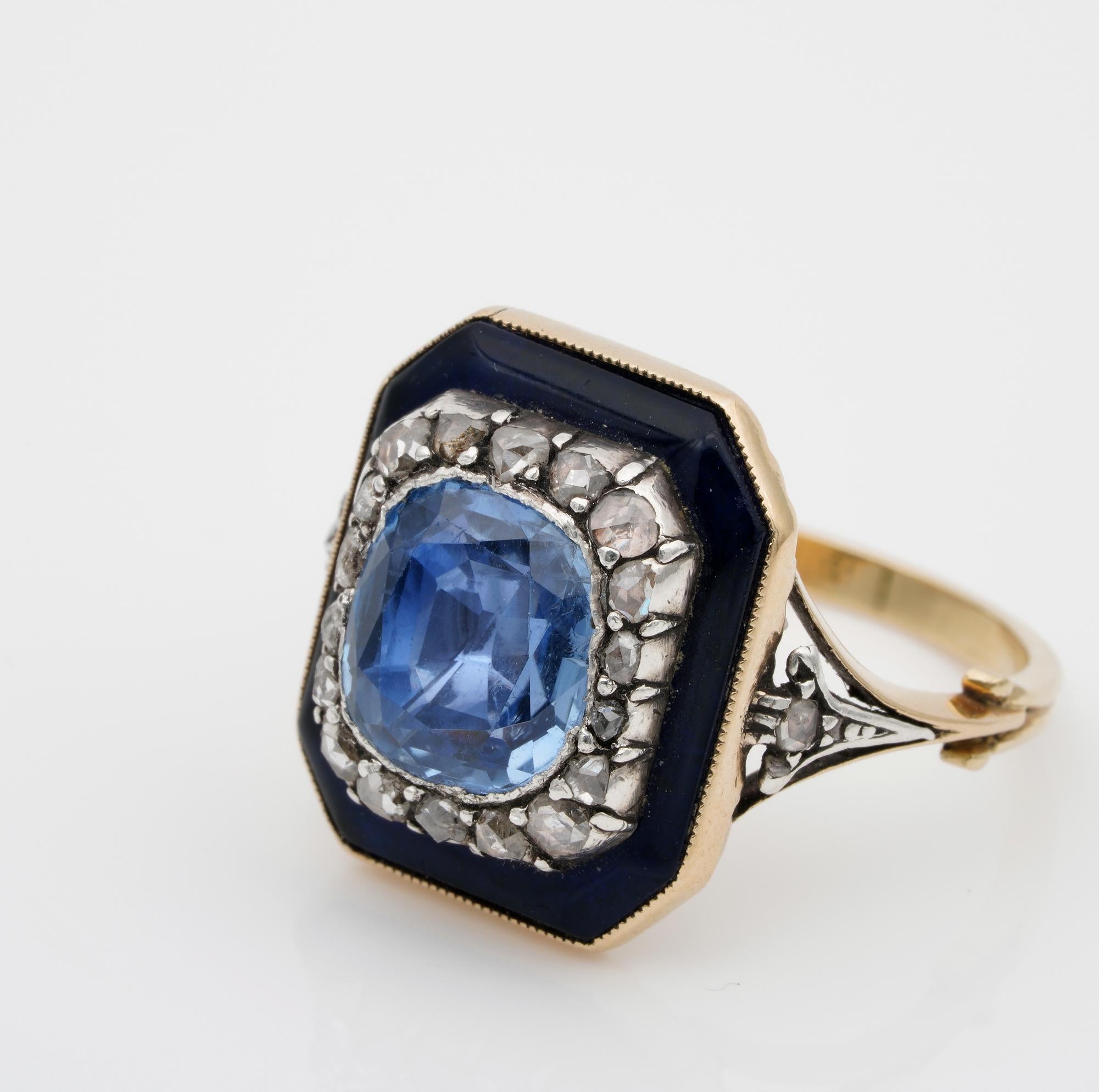 Women's Rare Georgian 4.90 Carat Natural No Heat Sapphire Diamond Bristol Glass Ring