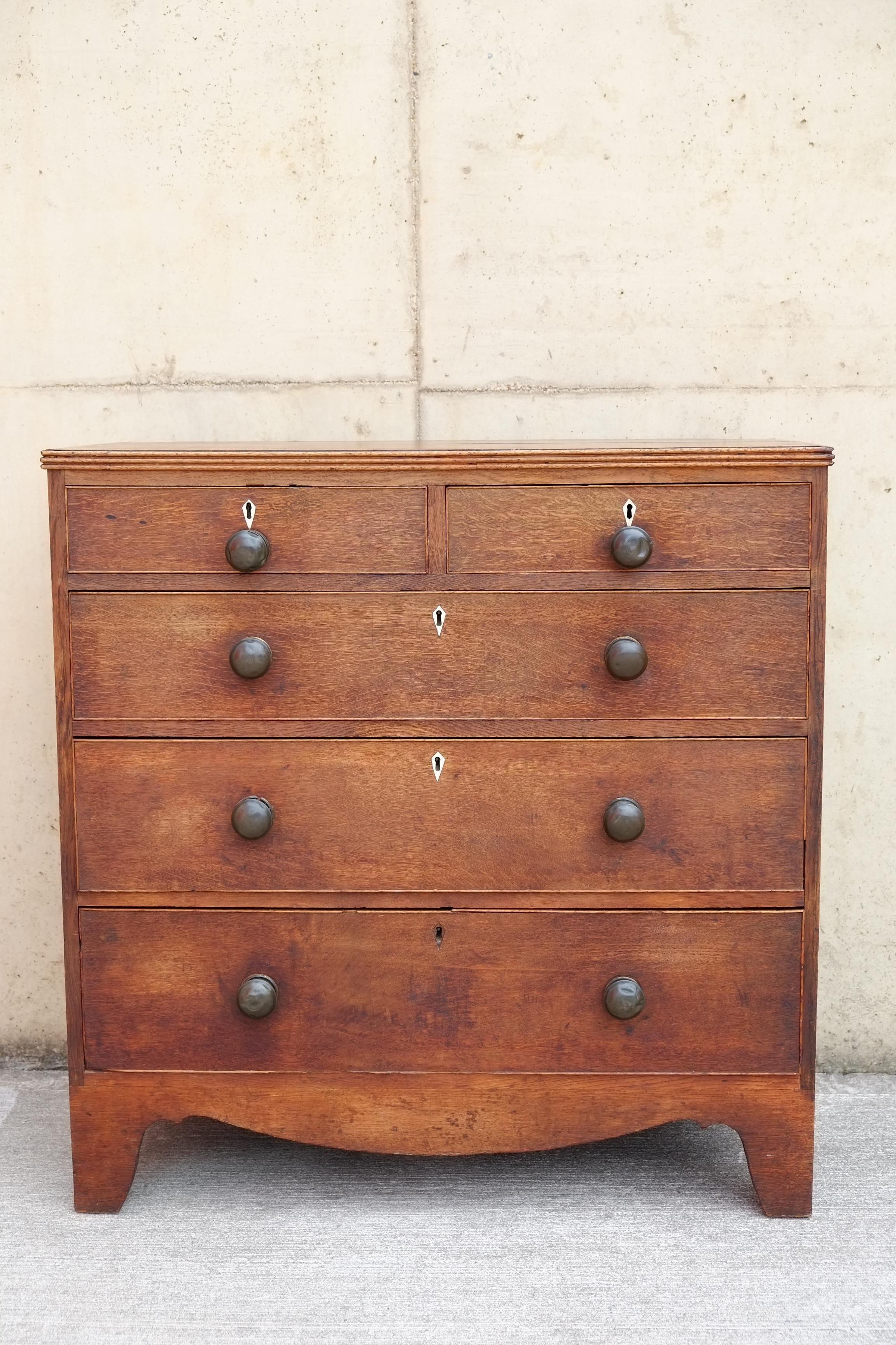 Mid-19th Century Rare Georgian Antique English Chest of Drawers in Oak with Brass Knobs For Sale