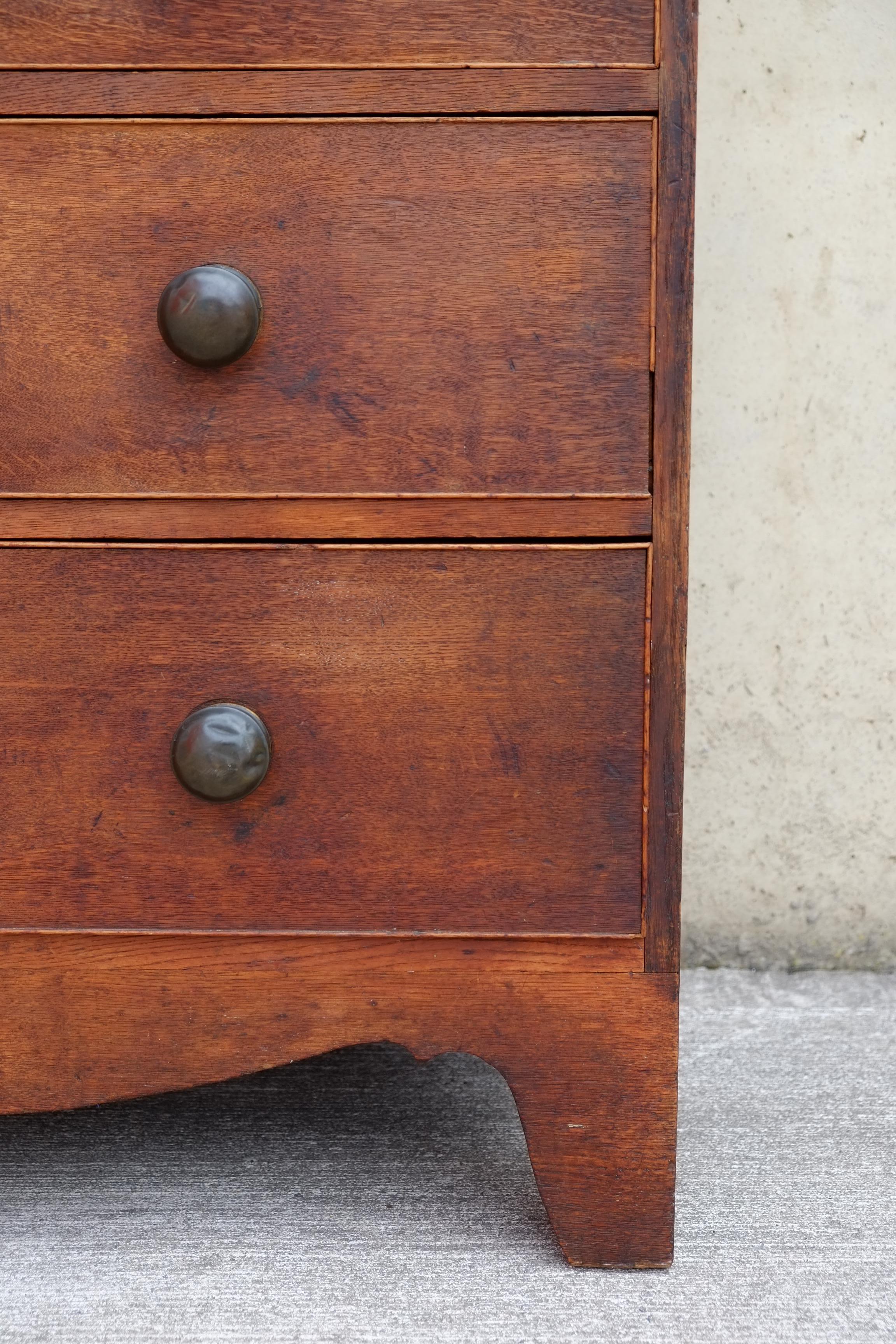 Rare Georgian Antique English Chest of Drawers in Oak with Brass Knobs For Sale 1