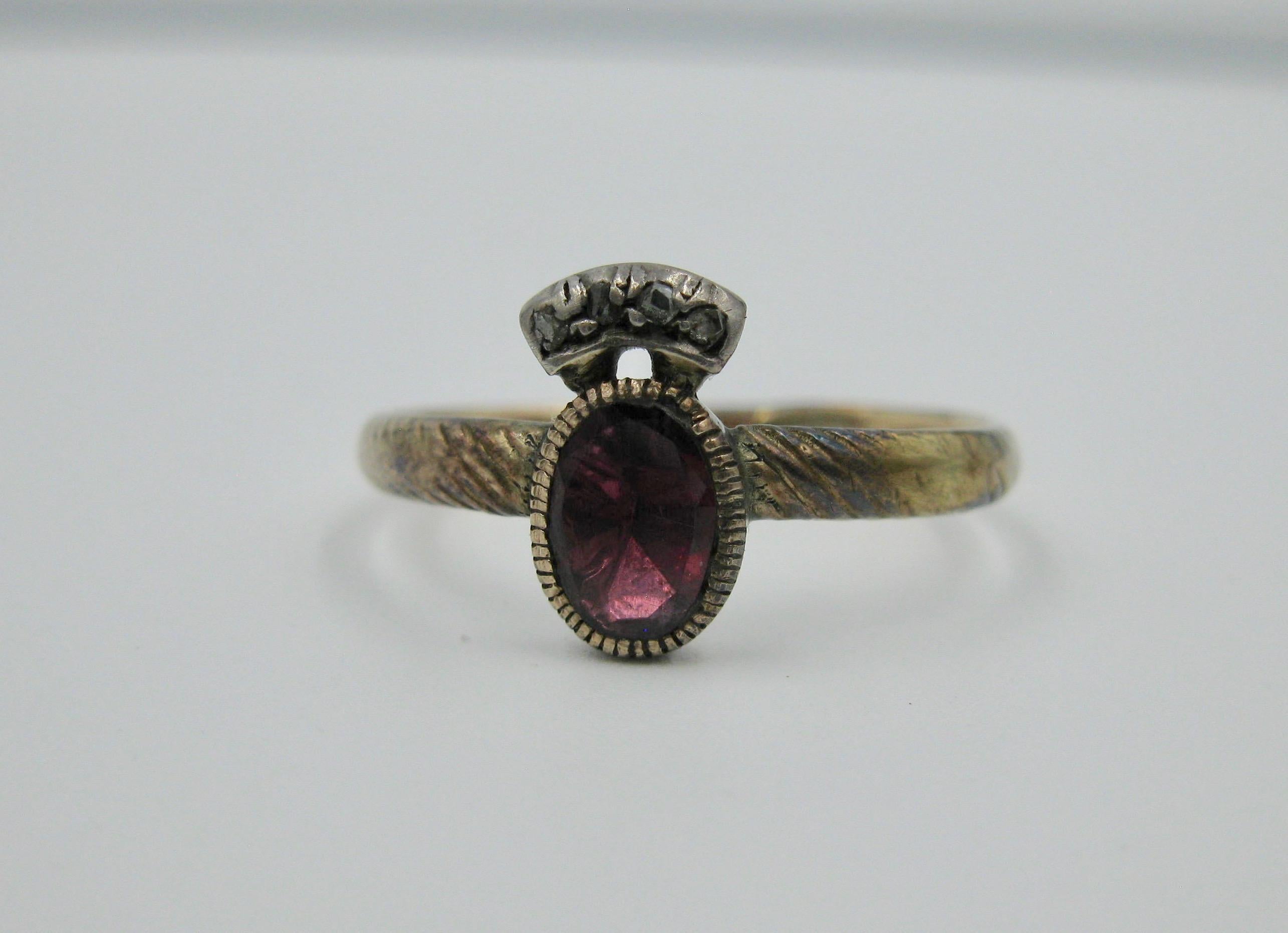 Women's Rare Georgian Crowned Garnet Rose Cut Diamond Ring 1700s Gold Museum Quality For Sale