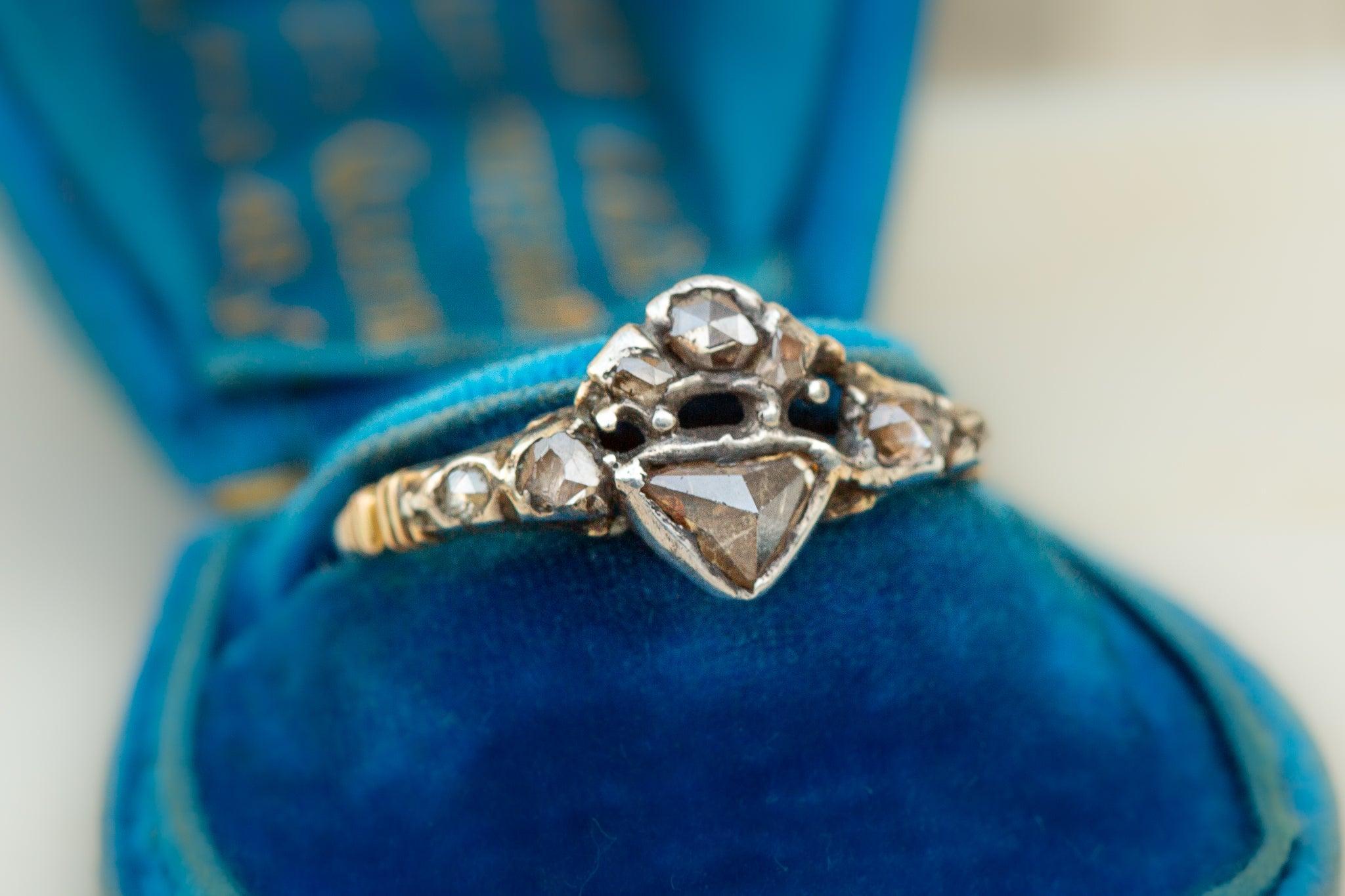 Rococo Rare Georgian Diamond Crowned Heart Ring Antique Engagement Ring c.1740 Rose Cut For Sale