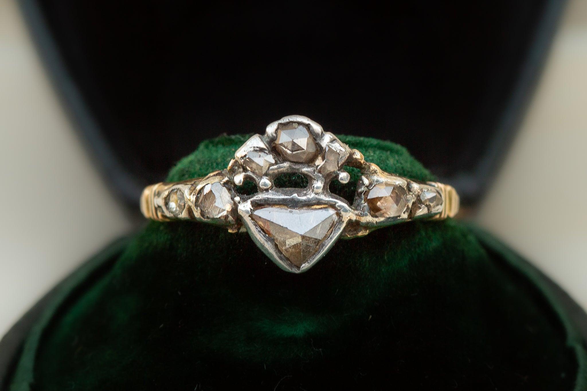 Rare Georgian Diamond Crowned Heart Ring Antique Engagement Ring c.1740 Rose Cut For Sale 1