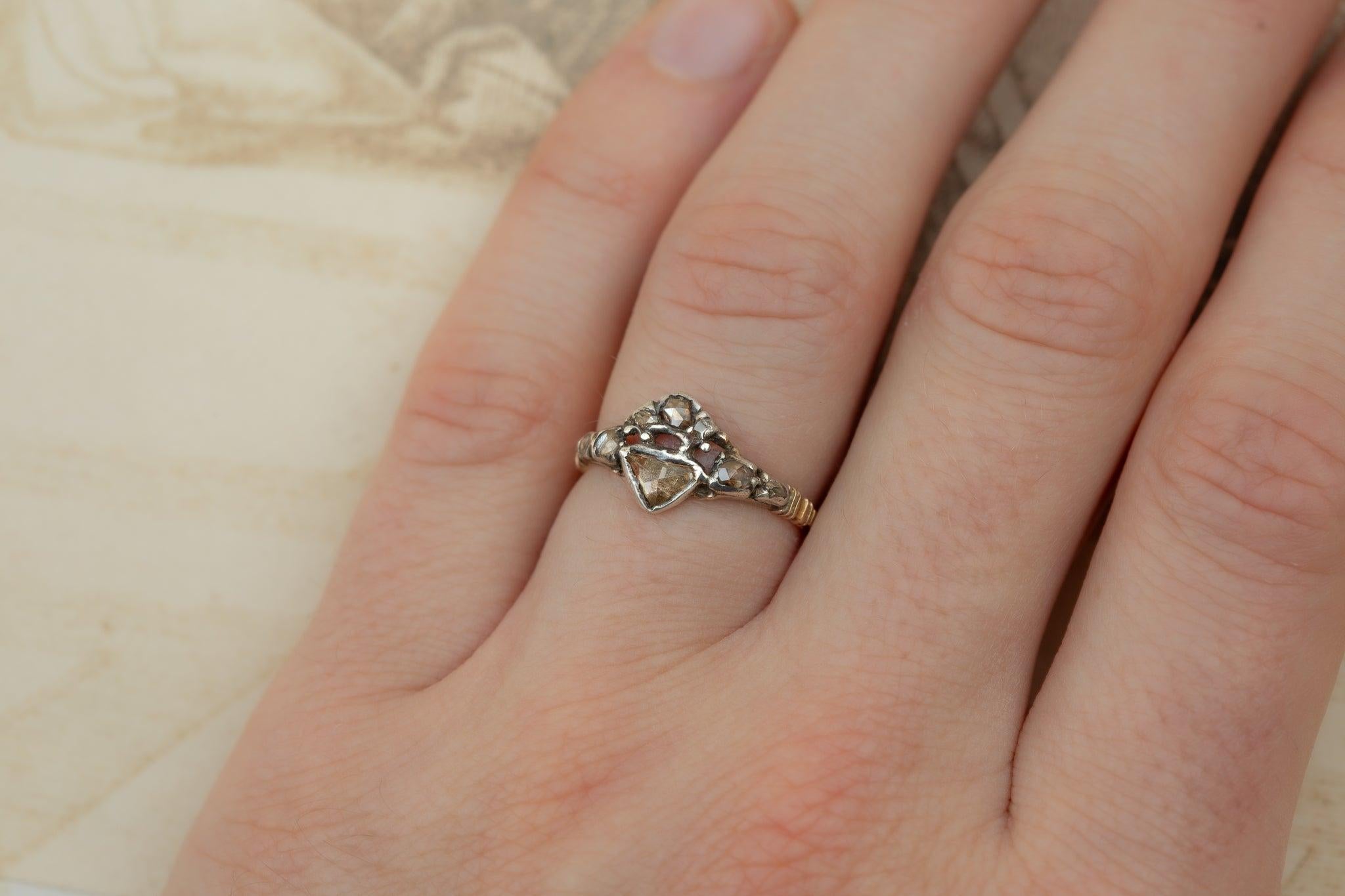 Rare Georgian Diamond Crowned Heart Ring Antique Engagement Ring c.1740 Rose Cut For Sale 3