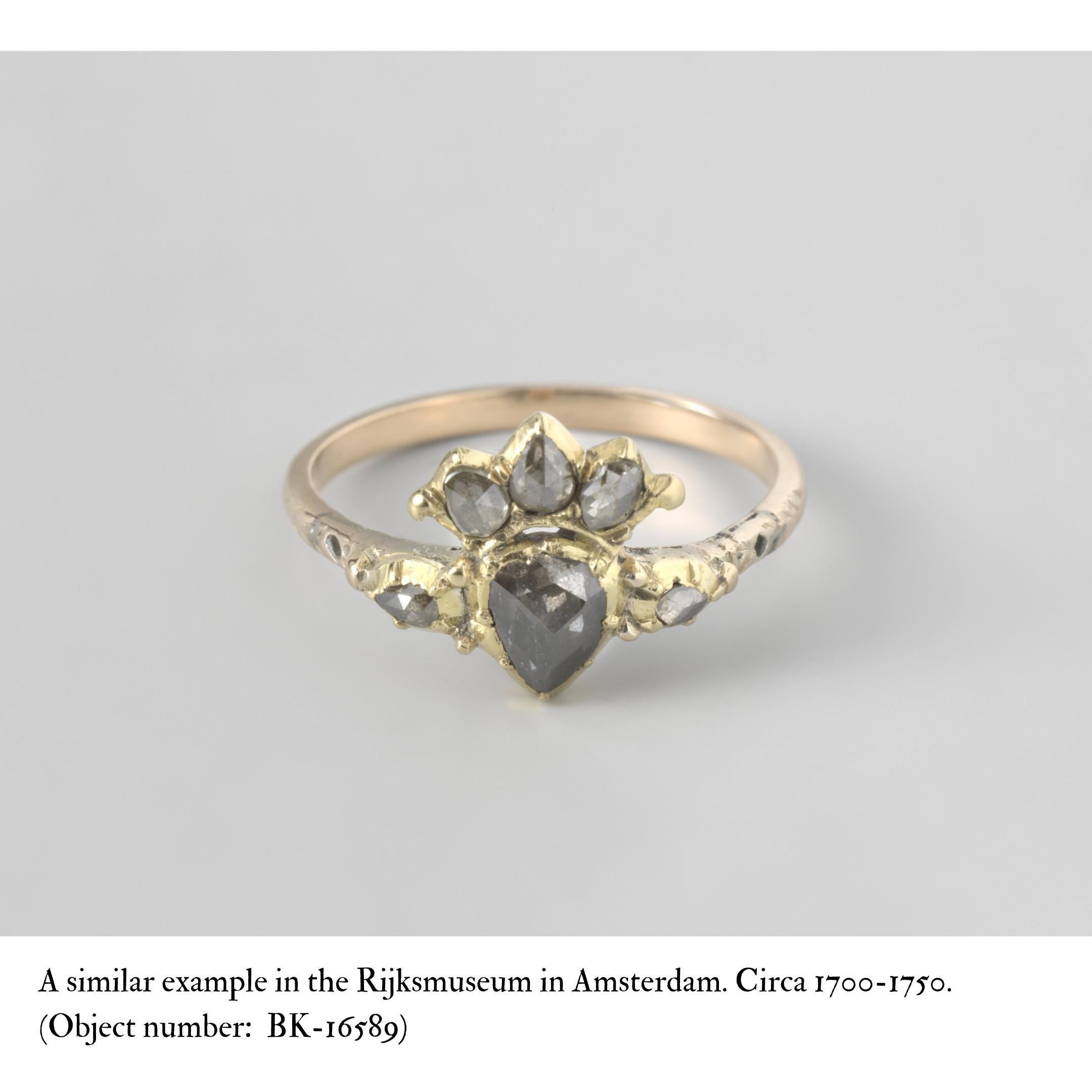 Rare Georgian Diamond Crowned Heart Ring Antique Engagement Ring c.1740 Rose Cut For Sale 4
