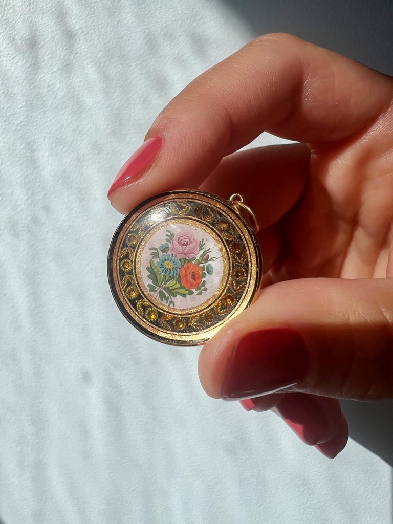 Pendentif Victorien Or 18k Circa 1880 - Miniature émaillée Et Diamant - Bijou Ancien