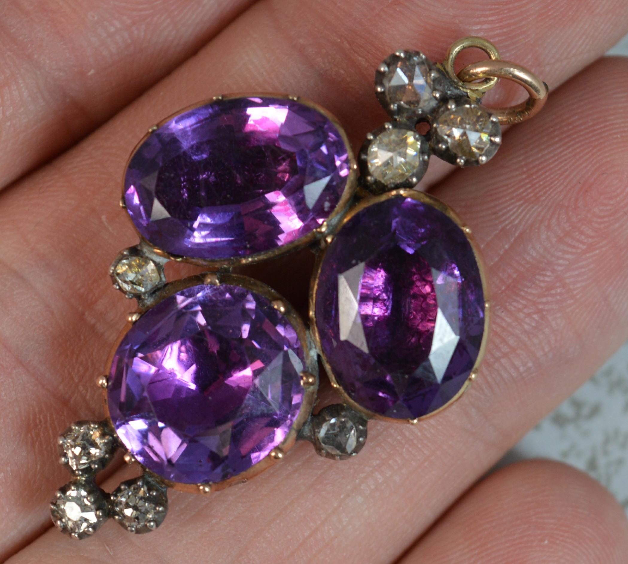 Rare Georgian Foiled Amethyst and Old Cut Diamond 15 Carat Rose Gold Pendant 2