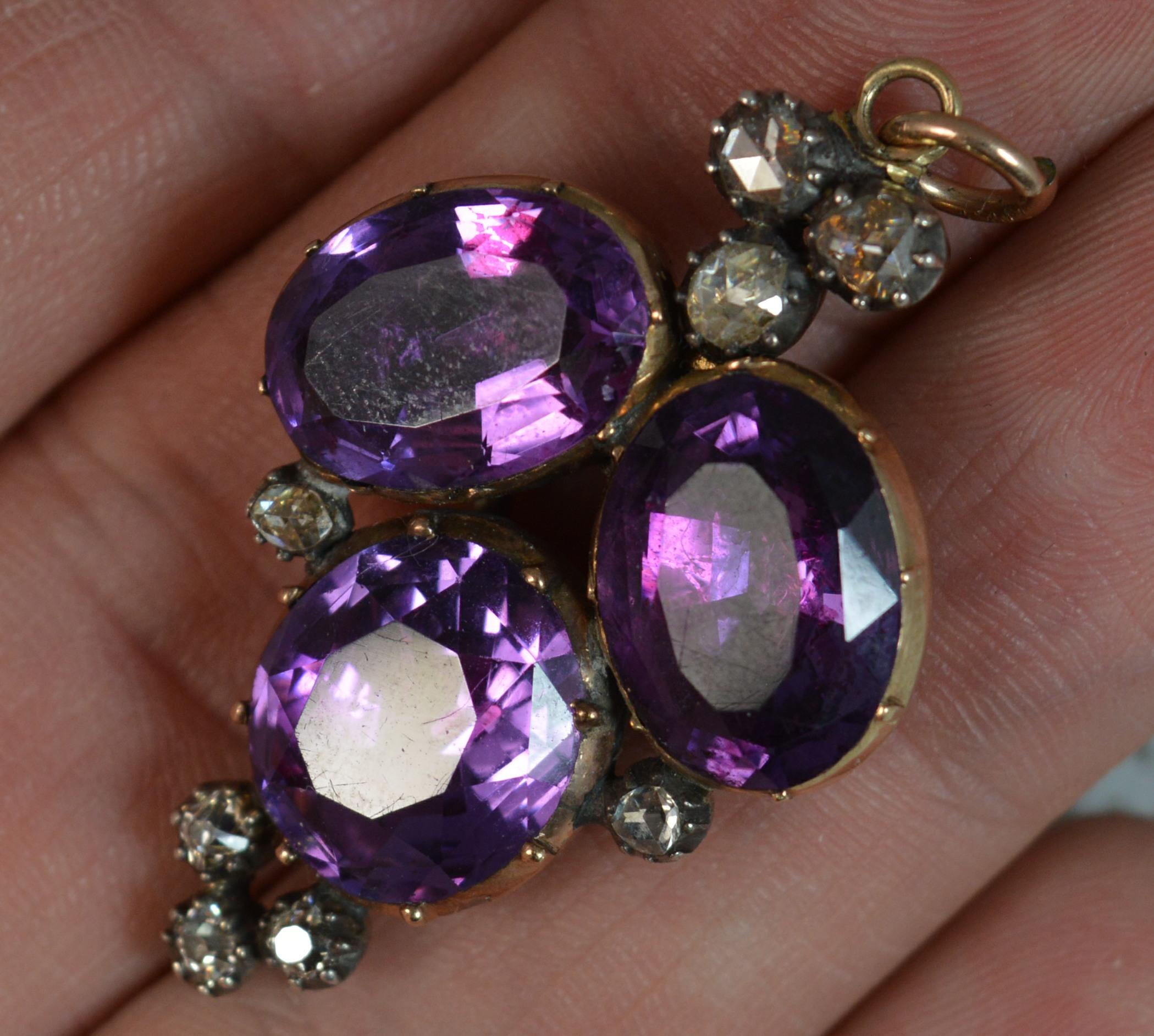 Rare Georgian Foiled Amethyst and Old Cut Diamond 15 Carat Rose Gold Pendant For Sale 3