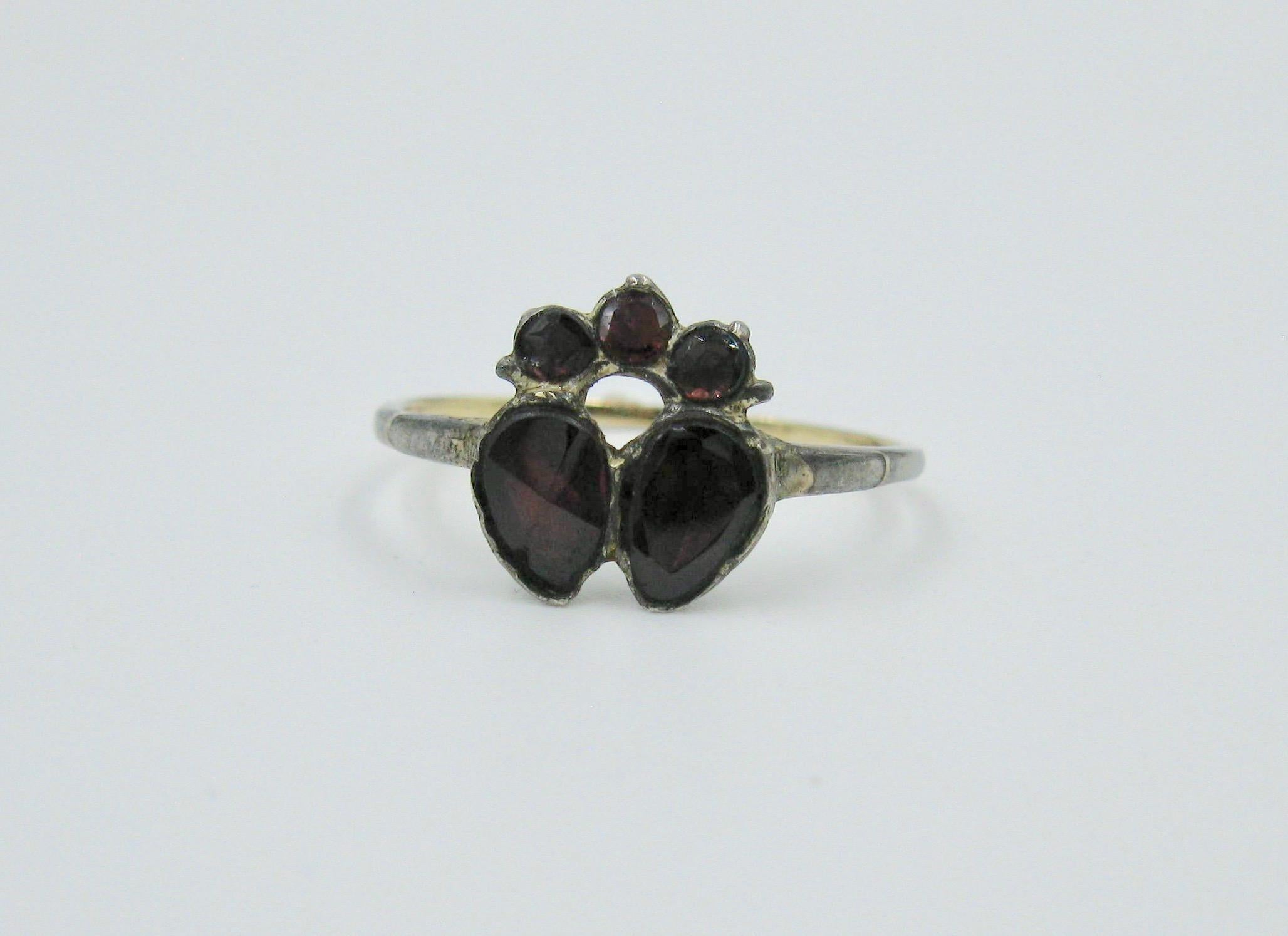 Heart Cut Rare Georgian Garnet Crowned Double Heart Ring 1700s Gold Museum Quality For Sale