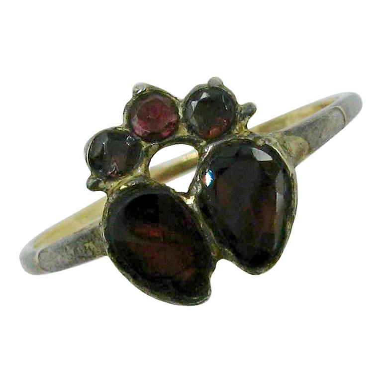 Rare Georgian Garnet Crowned Double Heart Ring 1700s Gold Museum Quality For Sale