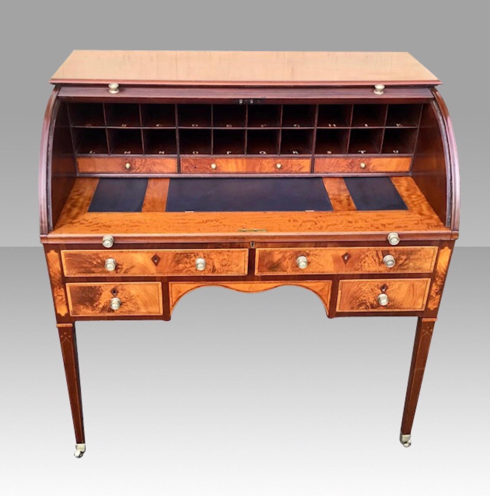British Rare Georgian Hepplewhite Period Inlaid Mahogany Antique Tambour Estate Desk For Sale