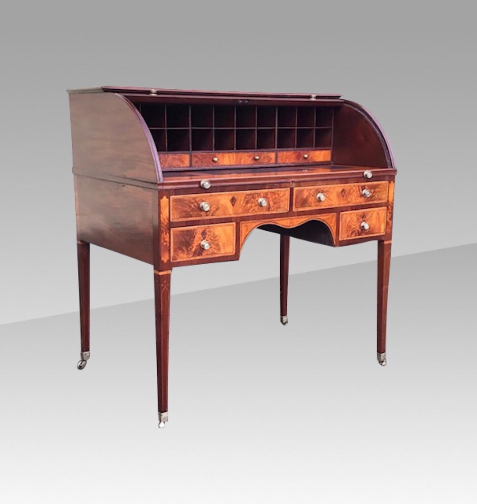 Late 18th Century Rare Georgian Hepplewhite Period Inlaid Mahogany Antique Tambour Estate Desk For Sale