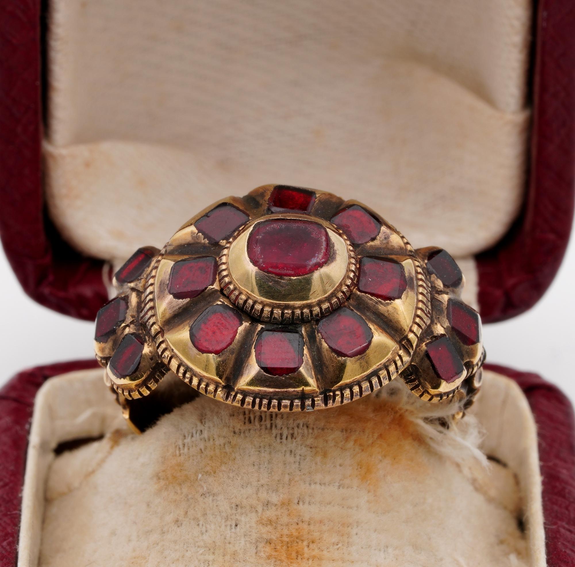 Past Treasures

Marvellous Iberian Georgian period flower ring, hand crafted during 18 Th century of solid up to 18 Kt gold – tested- Bears Portuguese hallmarks from the period
Impressive flower head of very low profile adorned with flat cut Deep